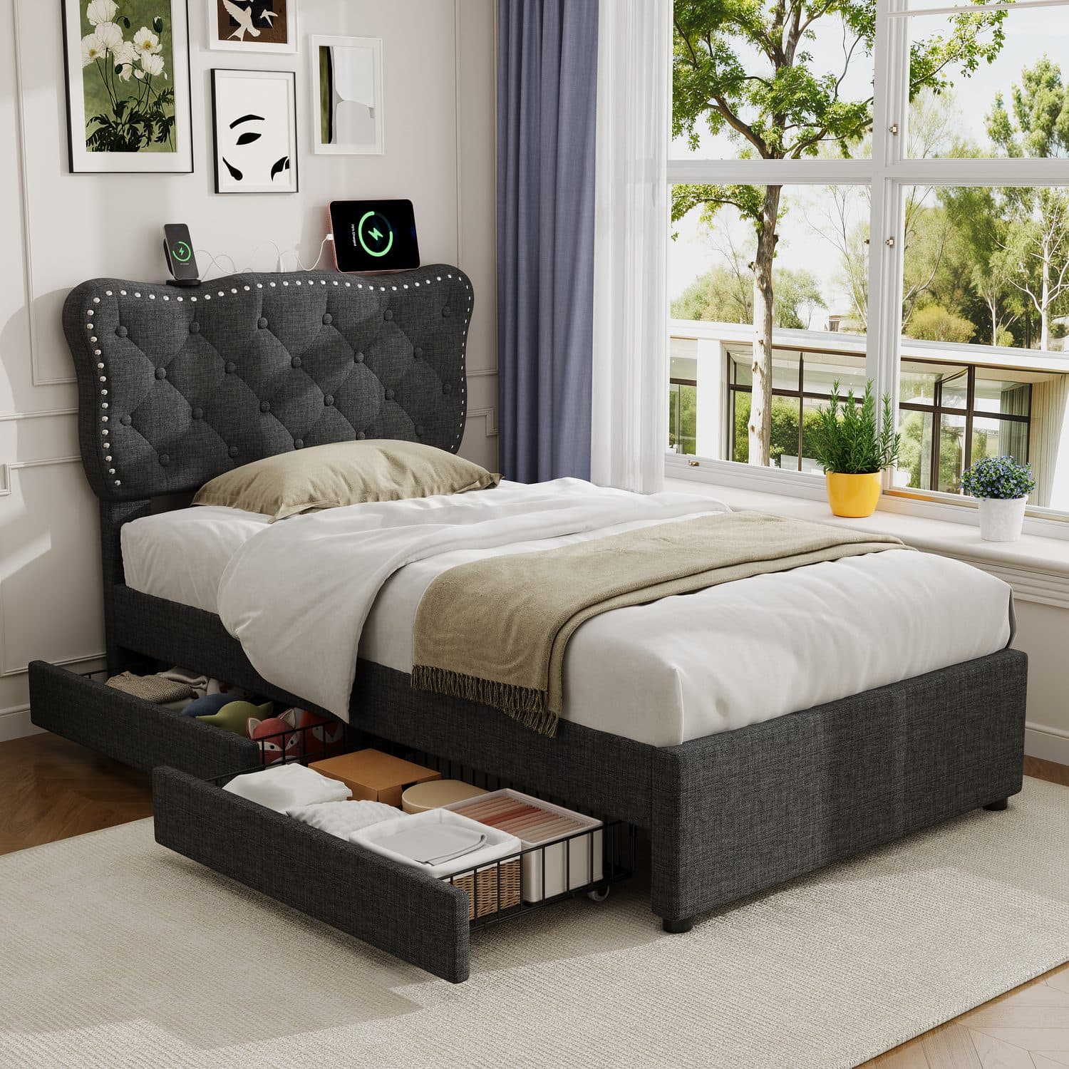 3ft Single Grey Linen Storage Bed with USB Charging - image 2