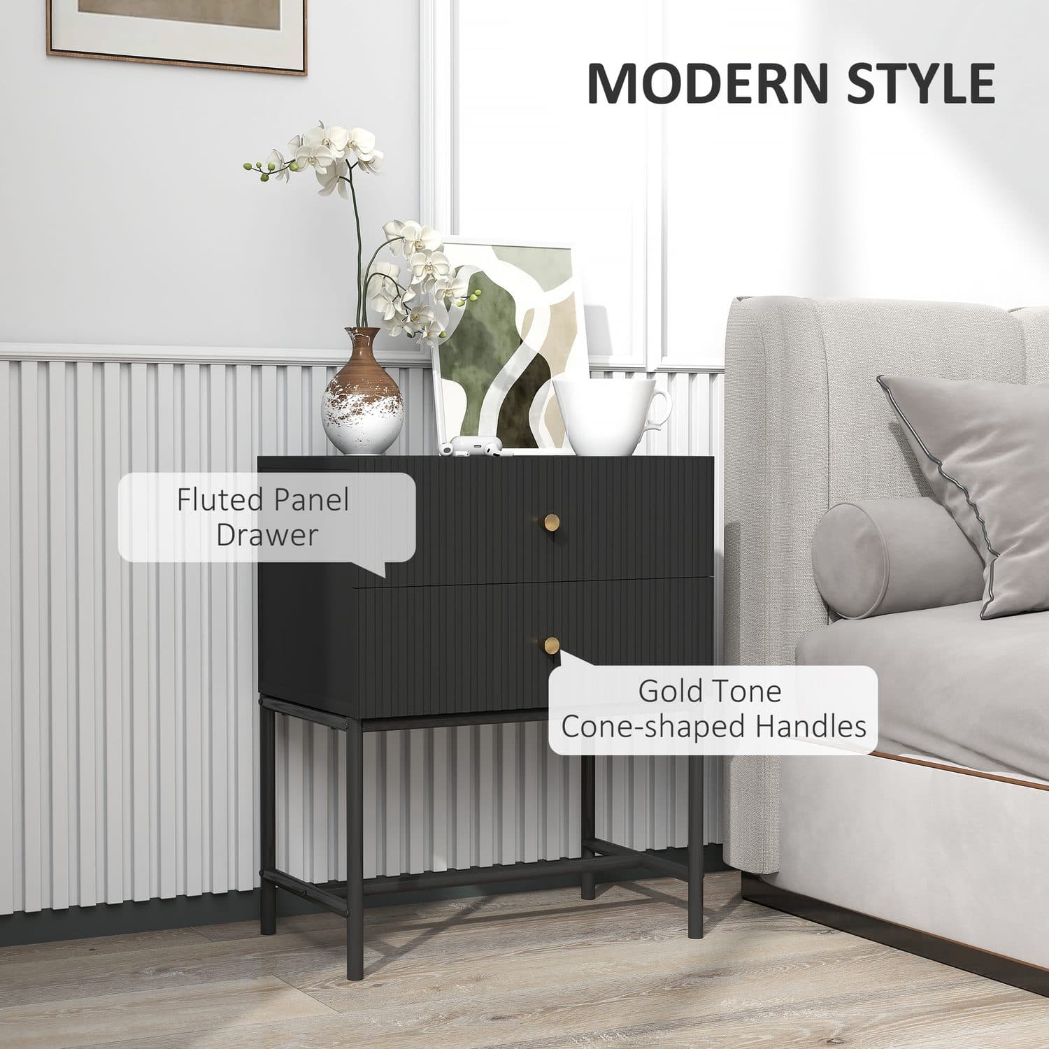 Black Two-Drawer Bedside Table with Gold Accents - image 4