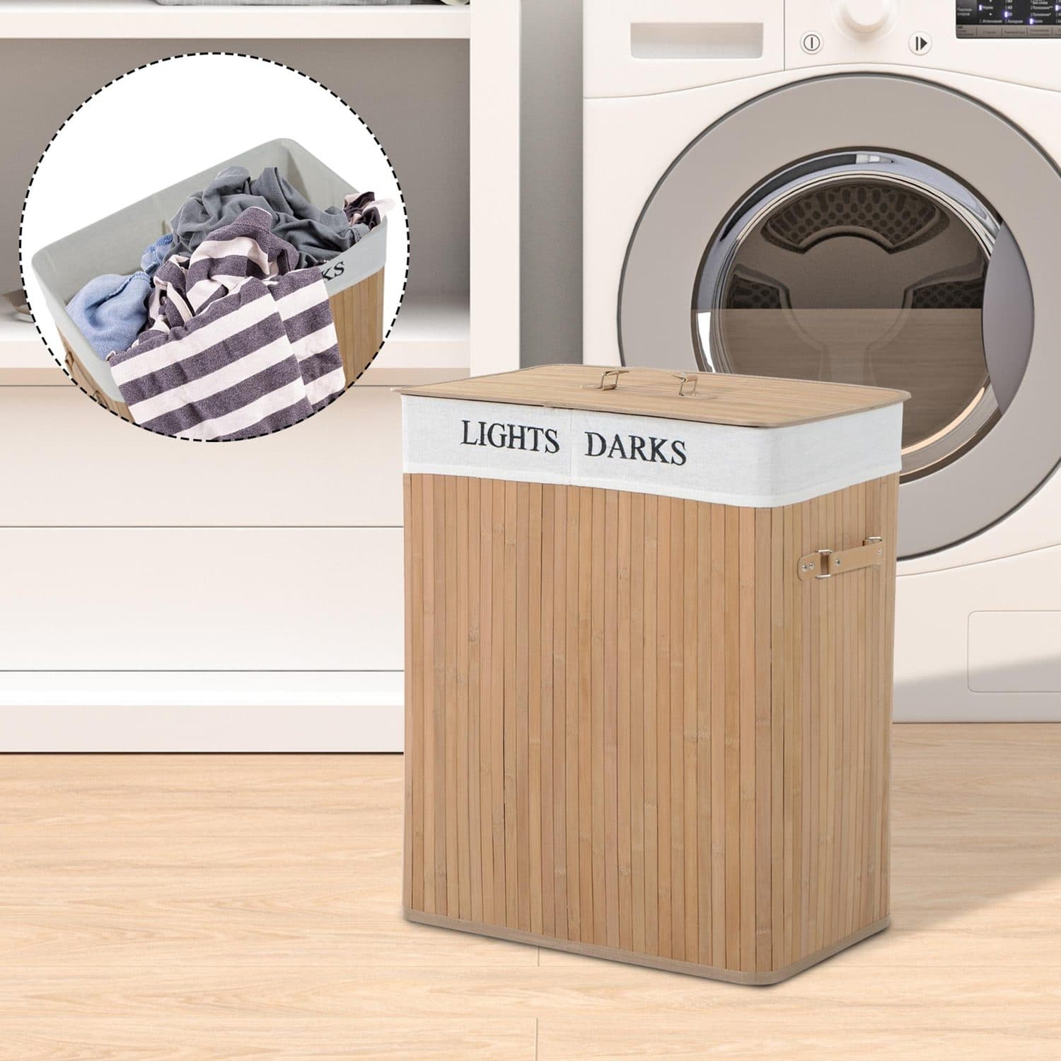 Natural Wood Double Laundry Hamper, 100L - image 2