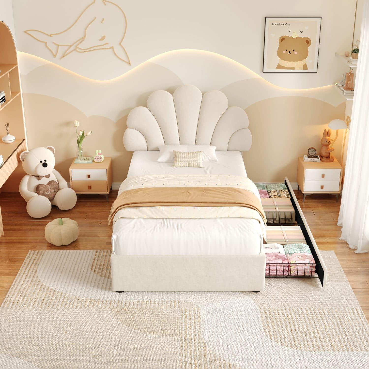 Beige Velvet Single Petal Bed with Effortless Storage - image 5