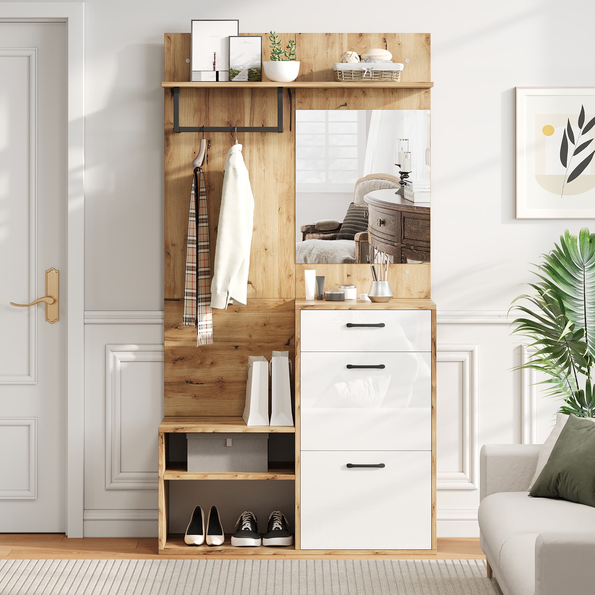 7-in-1 Hallway Storage Unit with Bench, Coat Rack and Mirror - image 4