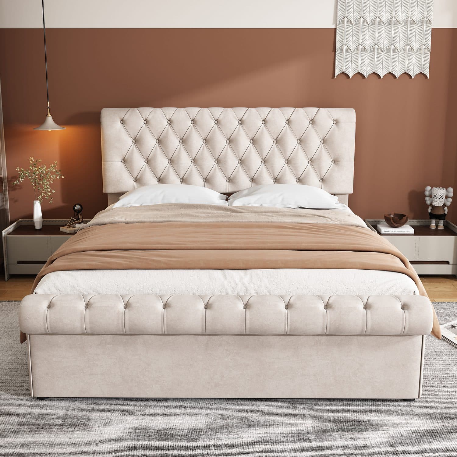 Beige Velvet Sleigh Bed with Hidden Storage - image 3