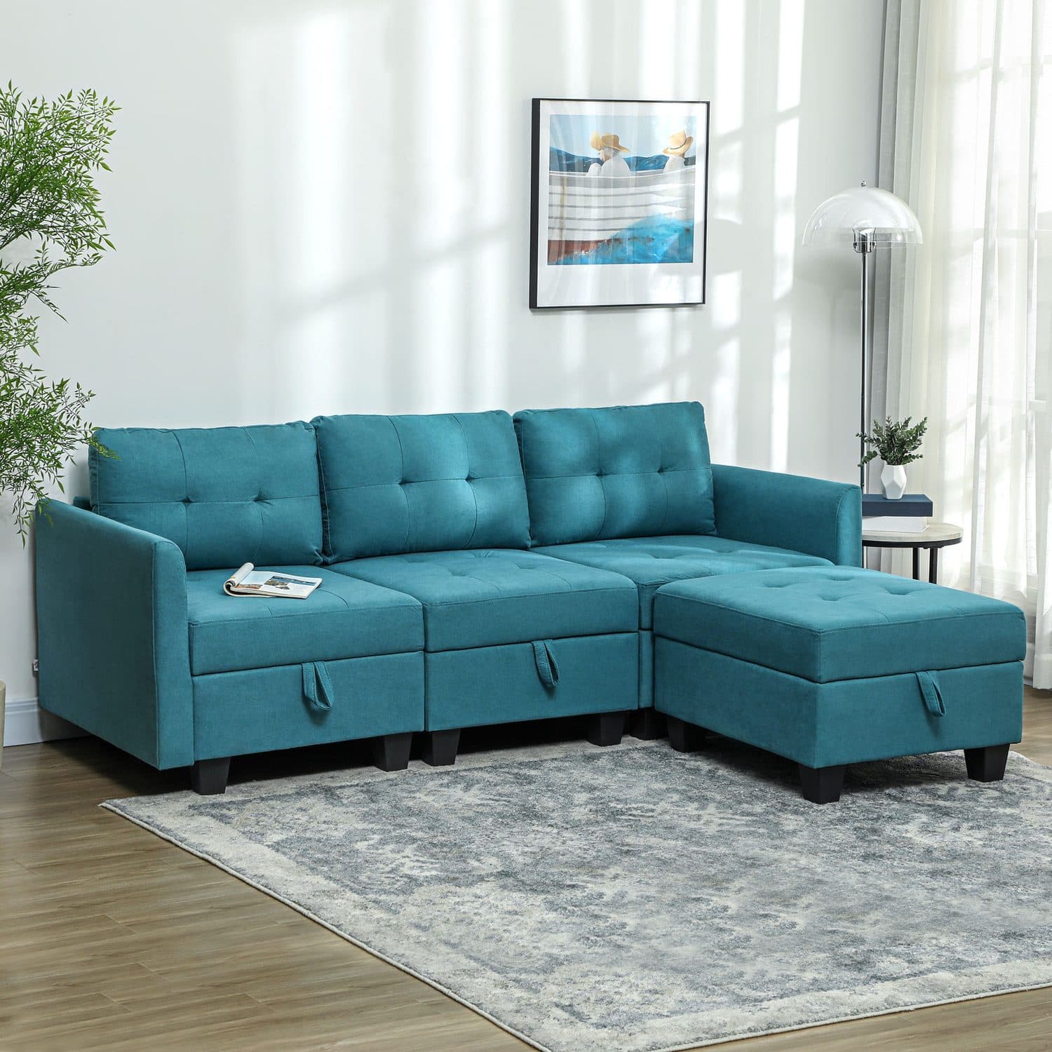 Modular Corner Sofa With Storage Drawers, Light Blue Fabric - image 5