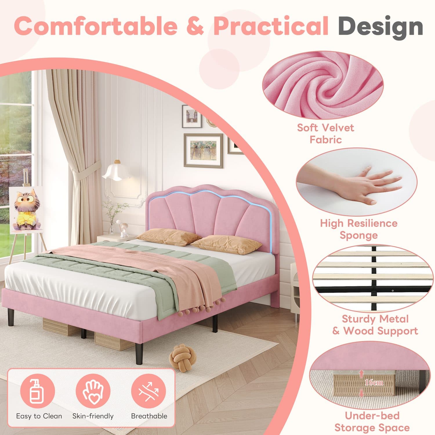 Pink Velvet LED Double Bed - image 2