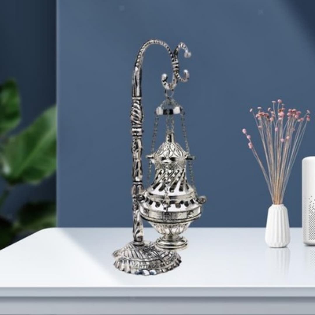 Ornate Silver Hanging Censer for Incense Rituals - Default