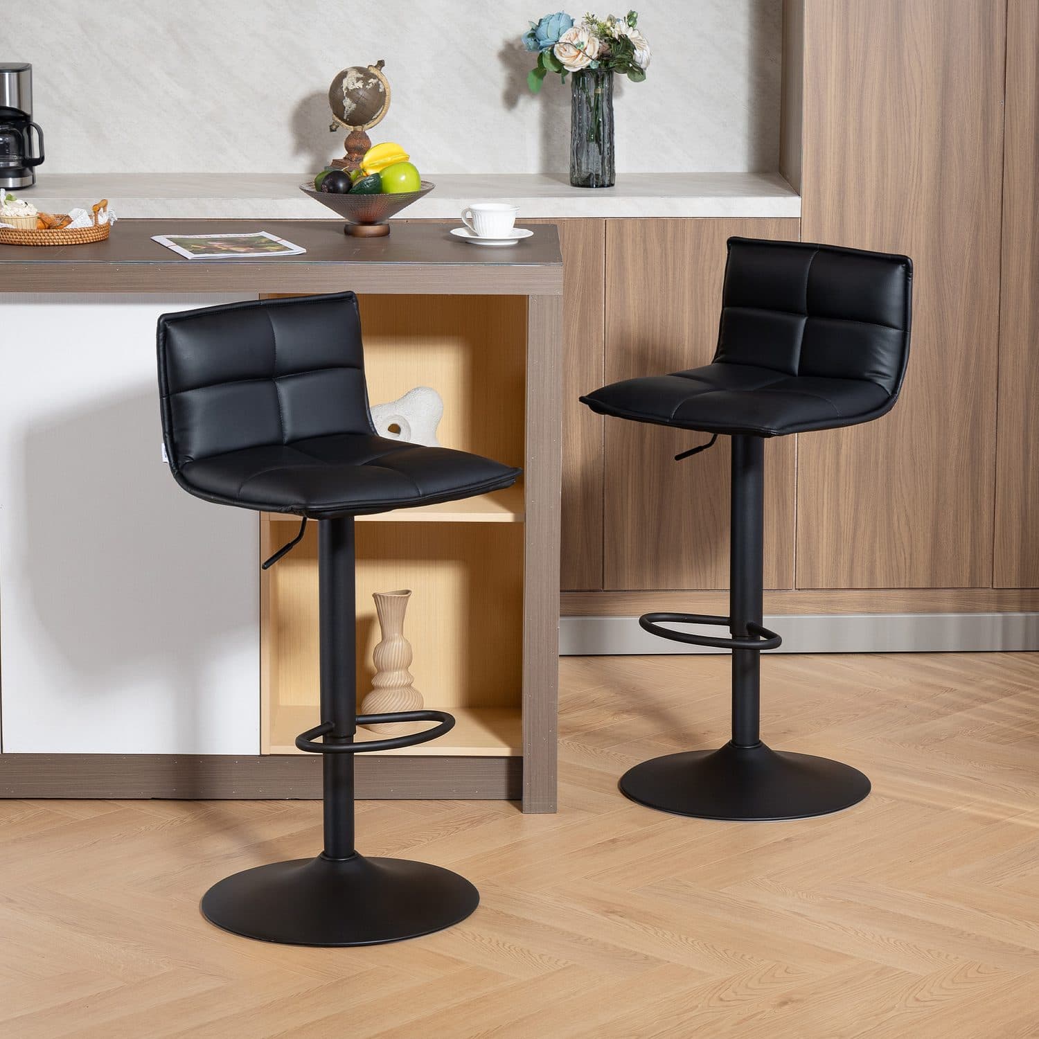 Modern Black Faux Leather Adjustable Bar Stools (Set of Two) - image 3