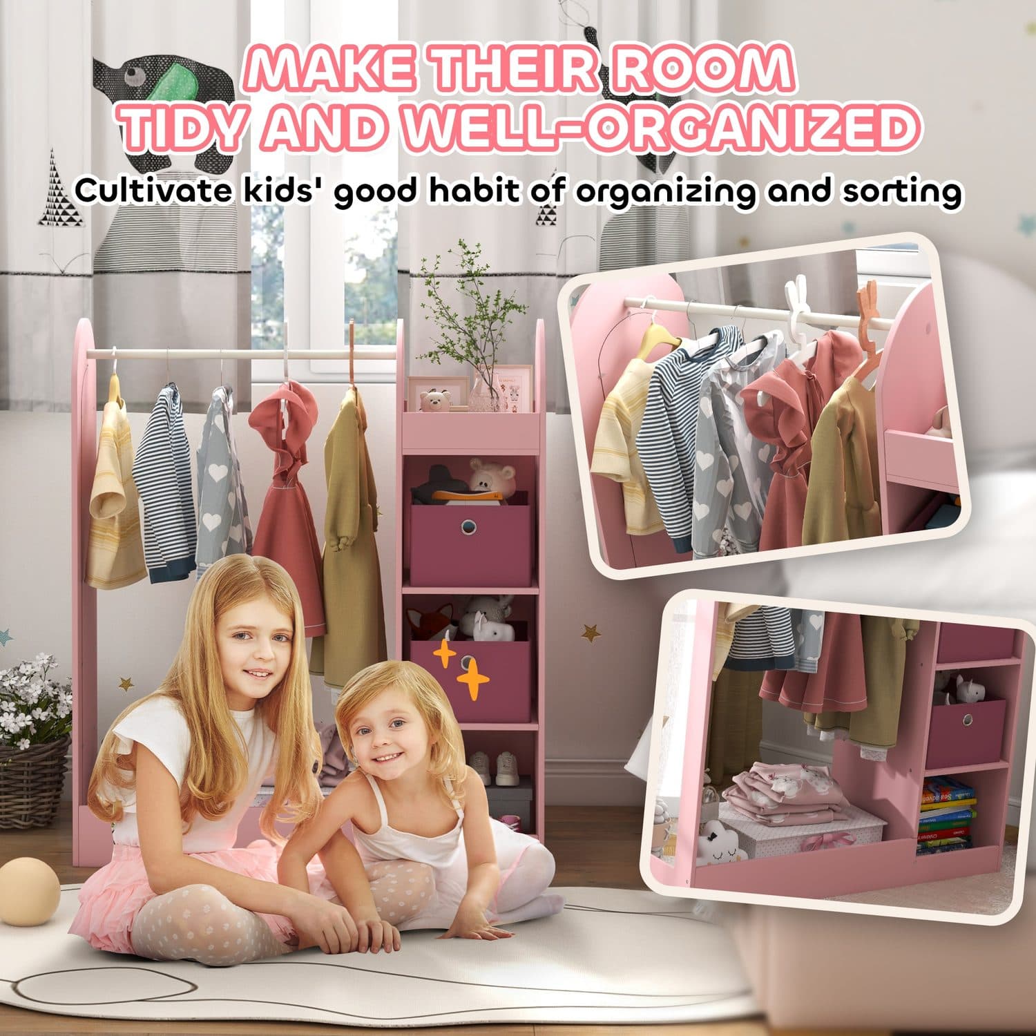 Pink Kids Wardrobe & Mirror - image 4