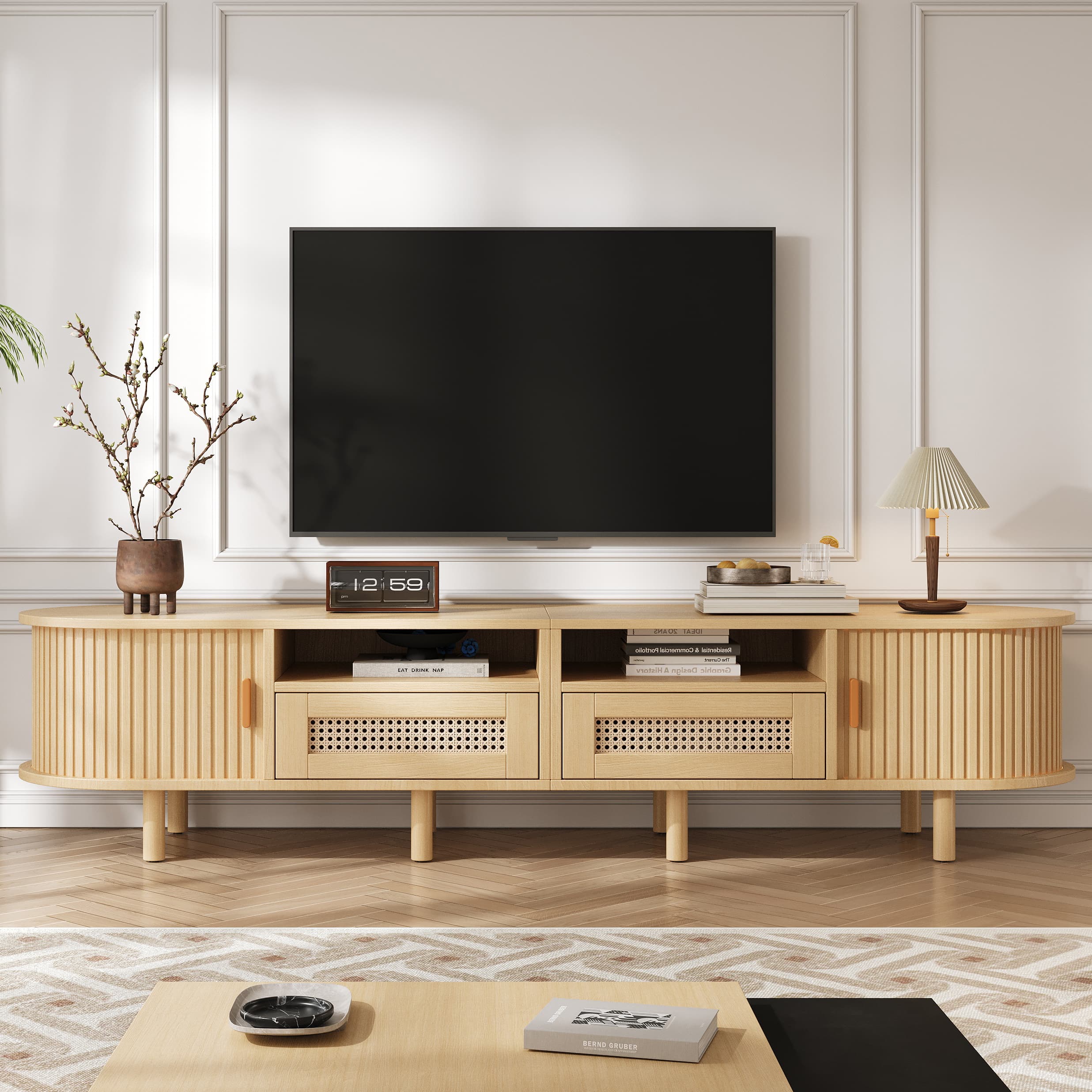 Oval Rattan TV Stand for up to 70-inch TVs - Oak