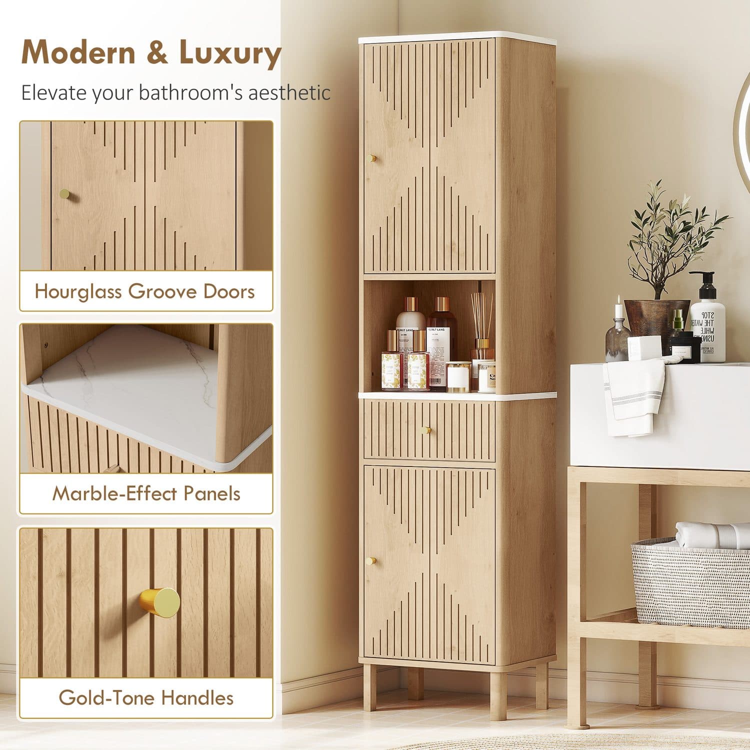 Tall Slim Bathroom Cabinet with Drawer and Open Shelf - image 2