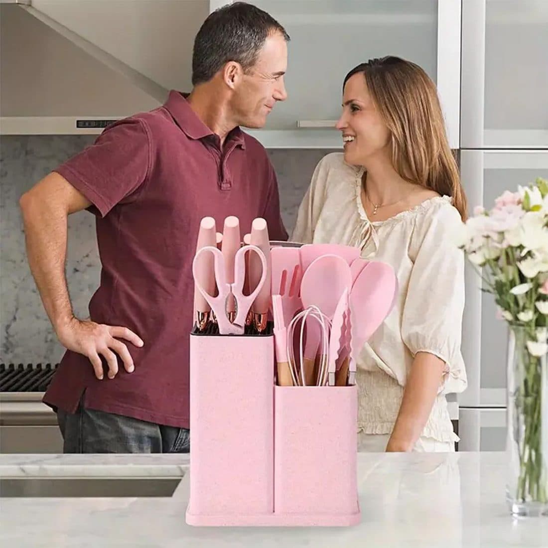 19-Piece Pink Silicone Kitchen Utensil Set with Storage Holder - image 1