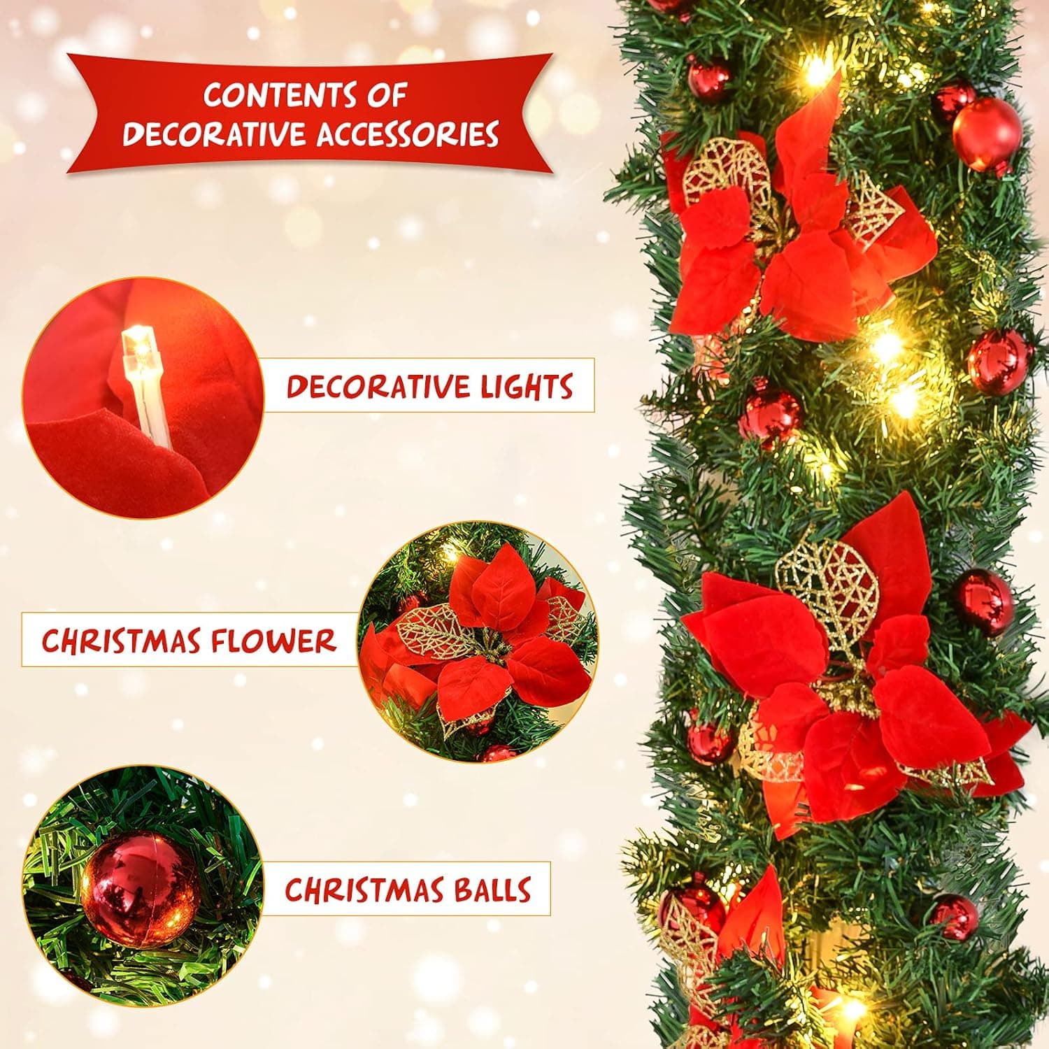 9 ft Christmas Garland with Red Poinsettias and Warm White LEDs - image 8