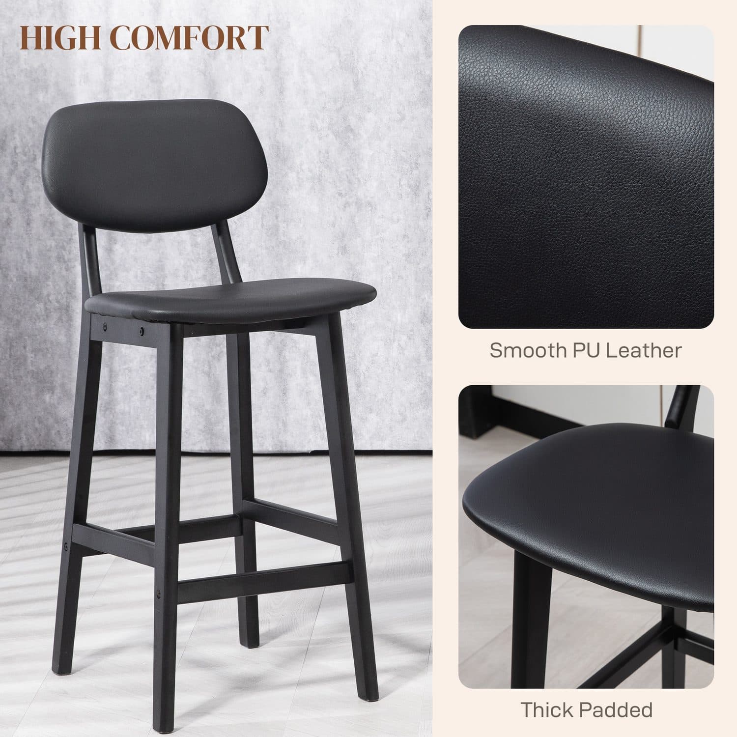 Black Faux Leather & Wooden Bar Stools - image 2