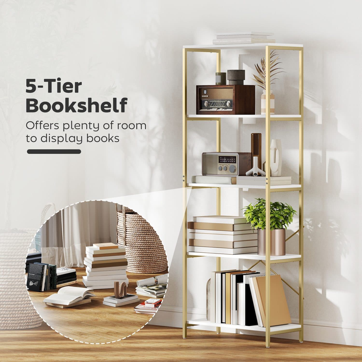 Modern White & Gold 5-Tier Bookshelf for Effortless Storage - image 3
