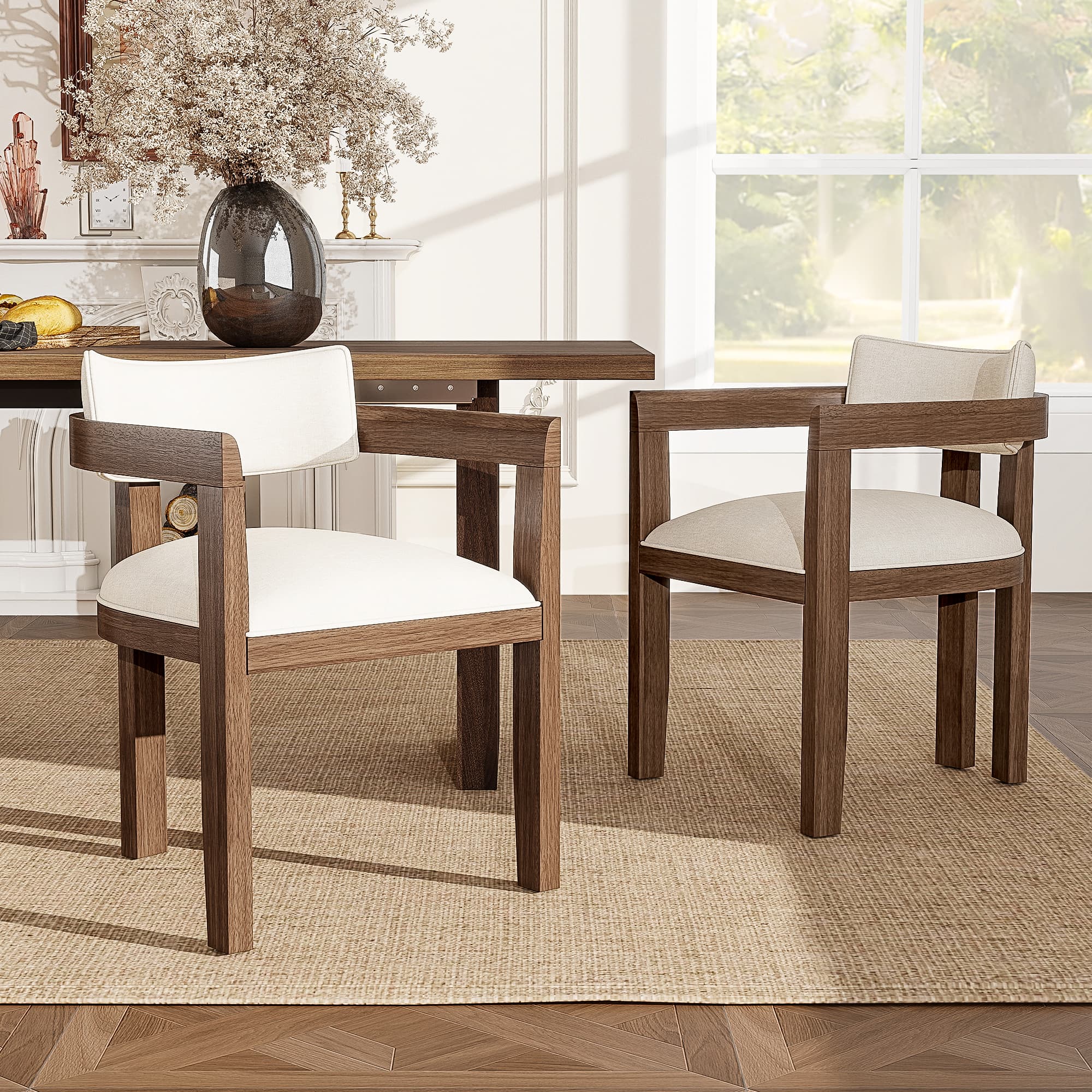 Set of 6 Dining Chairs with Arms - Walnut Finish & Beige Linen - image 2