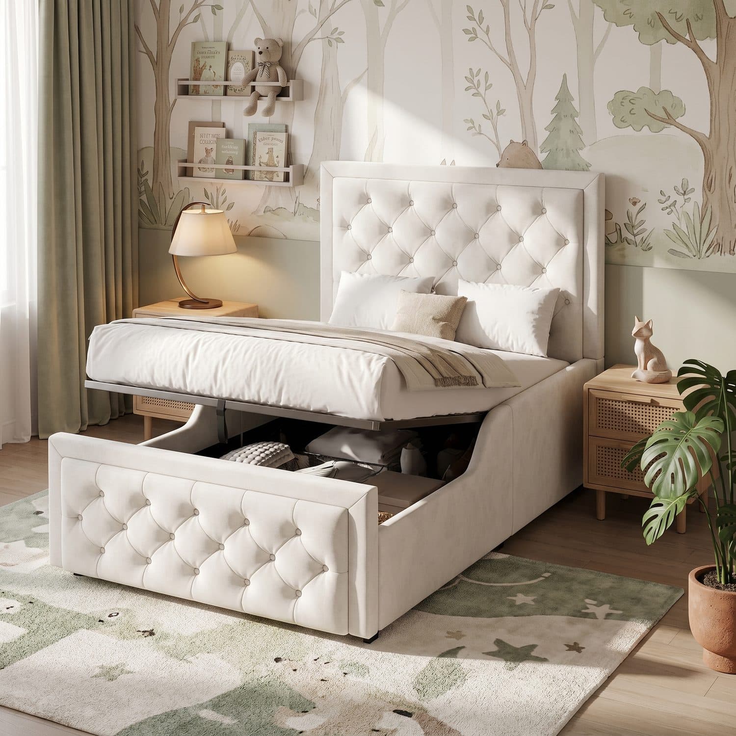 Beige Velvet Single Ottoman Bed - image 3