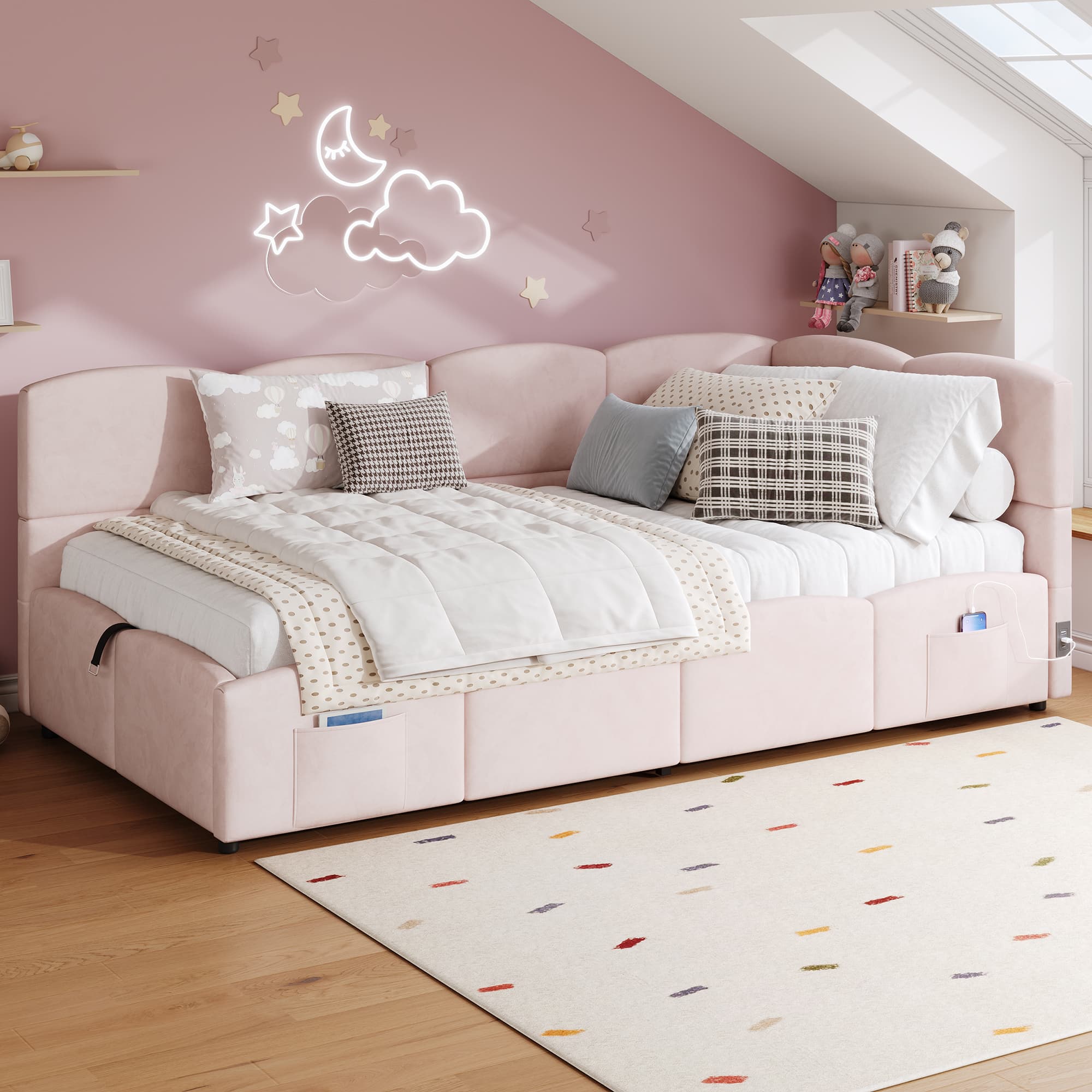 Chic Pink Velvet Daybed with Smart Storage & USB Charging - image 1
