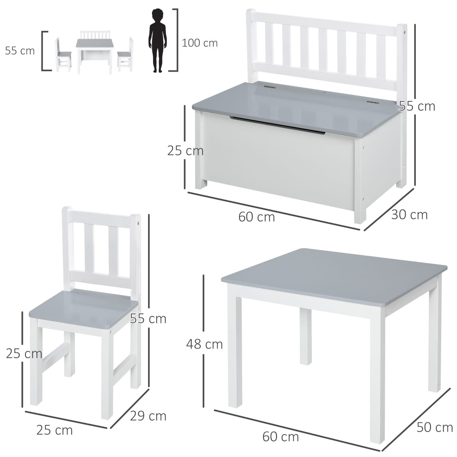 Grey & White Wooden Kids Table Set with Storage Bench - image 2
