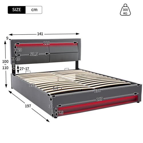 Grey Upholstered Double Bed (4ft6) with Storage, LED Lights & USB Port - image 6