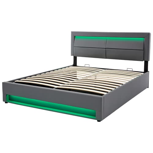 Grey Upholstered Double Bed (4ft6) with Storage, LED Lights & USB Port