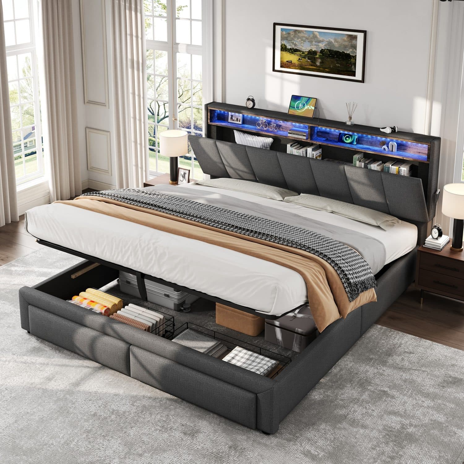 Grey Linen King Ottoman Bed - image 2