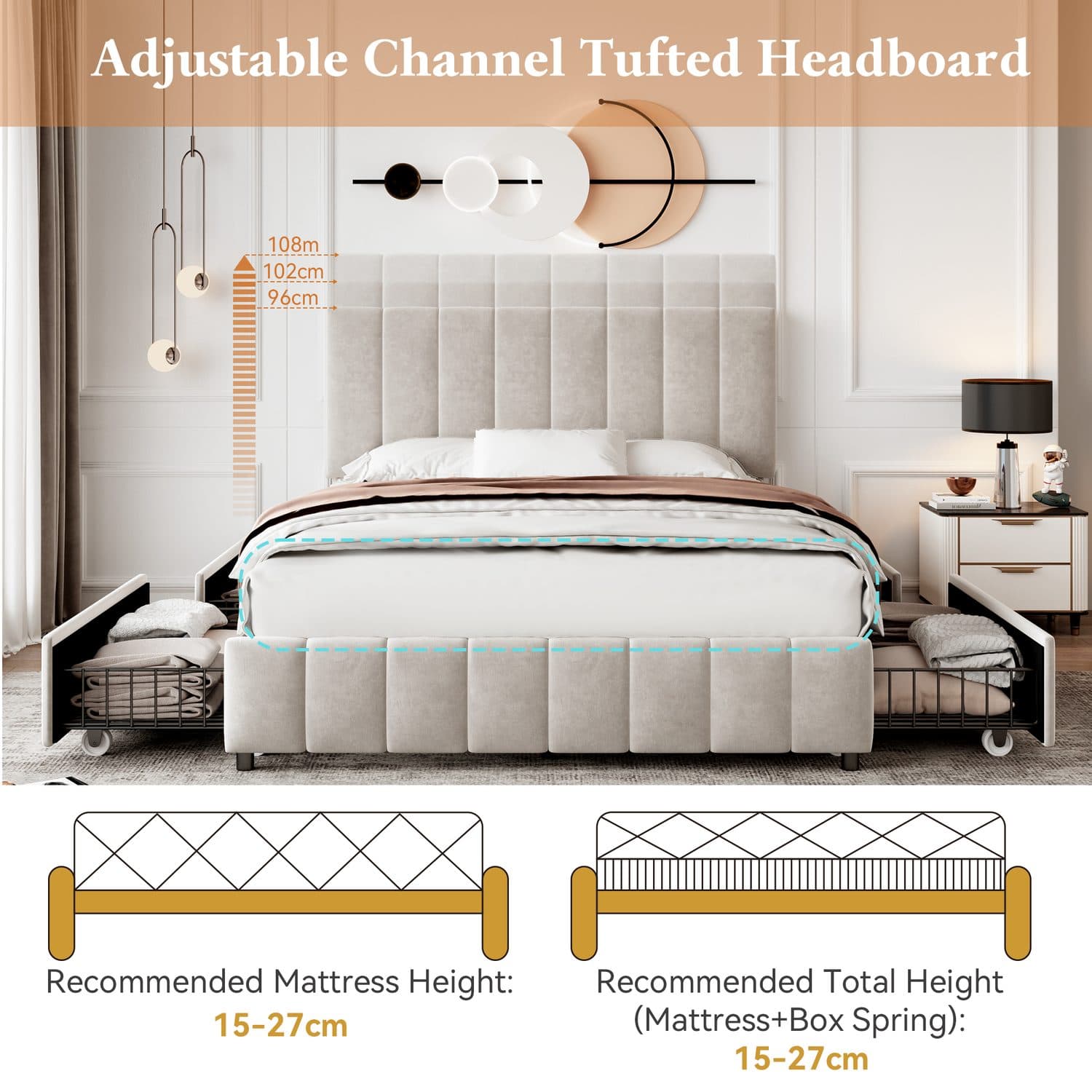 Beige Velvet Storage Bed - image 3