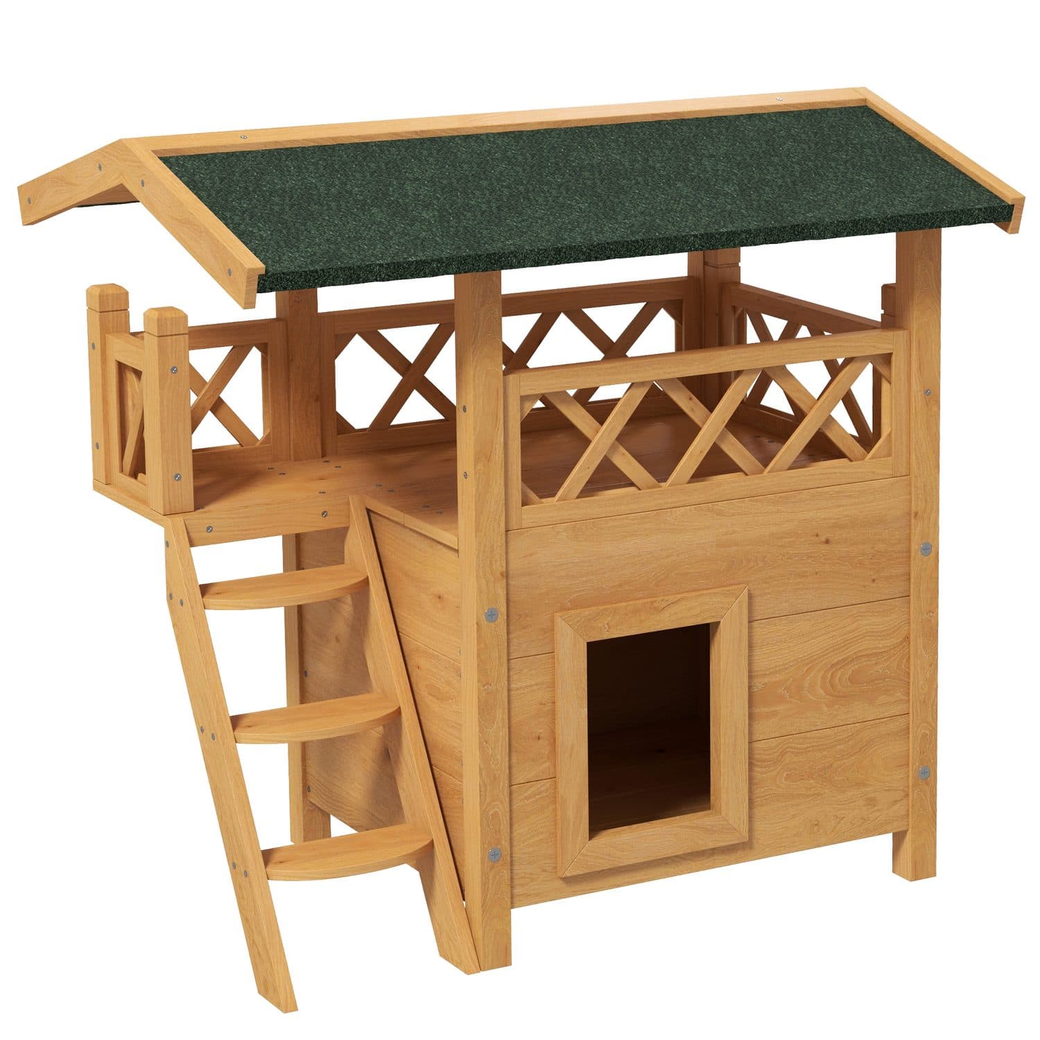 Outdoor Cat House with Balcony and Stairs