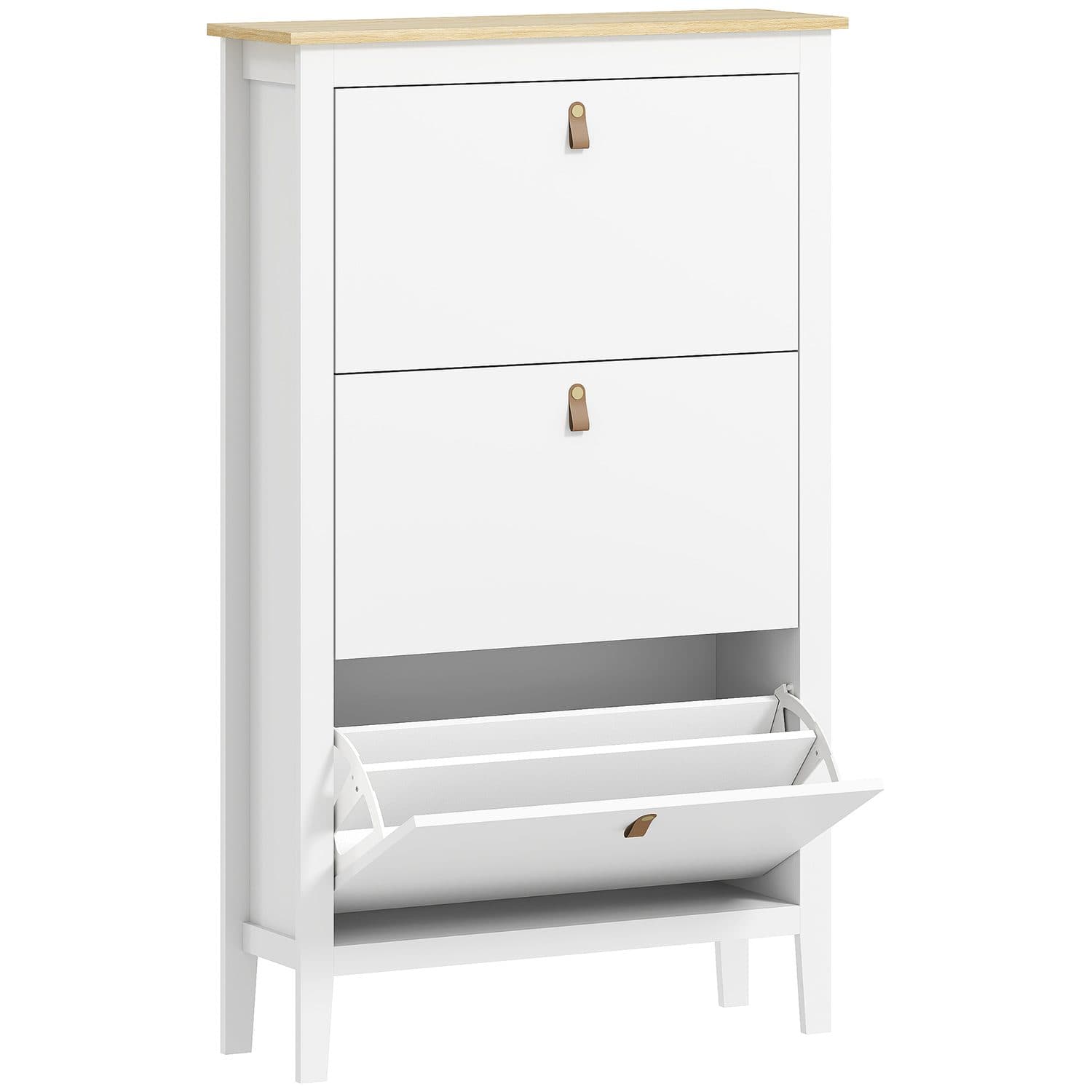 Three-Compartment Flip Shoe Cabinet with Oak-Effect Top, White