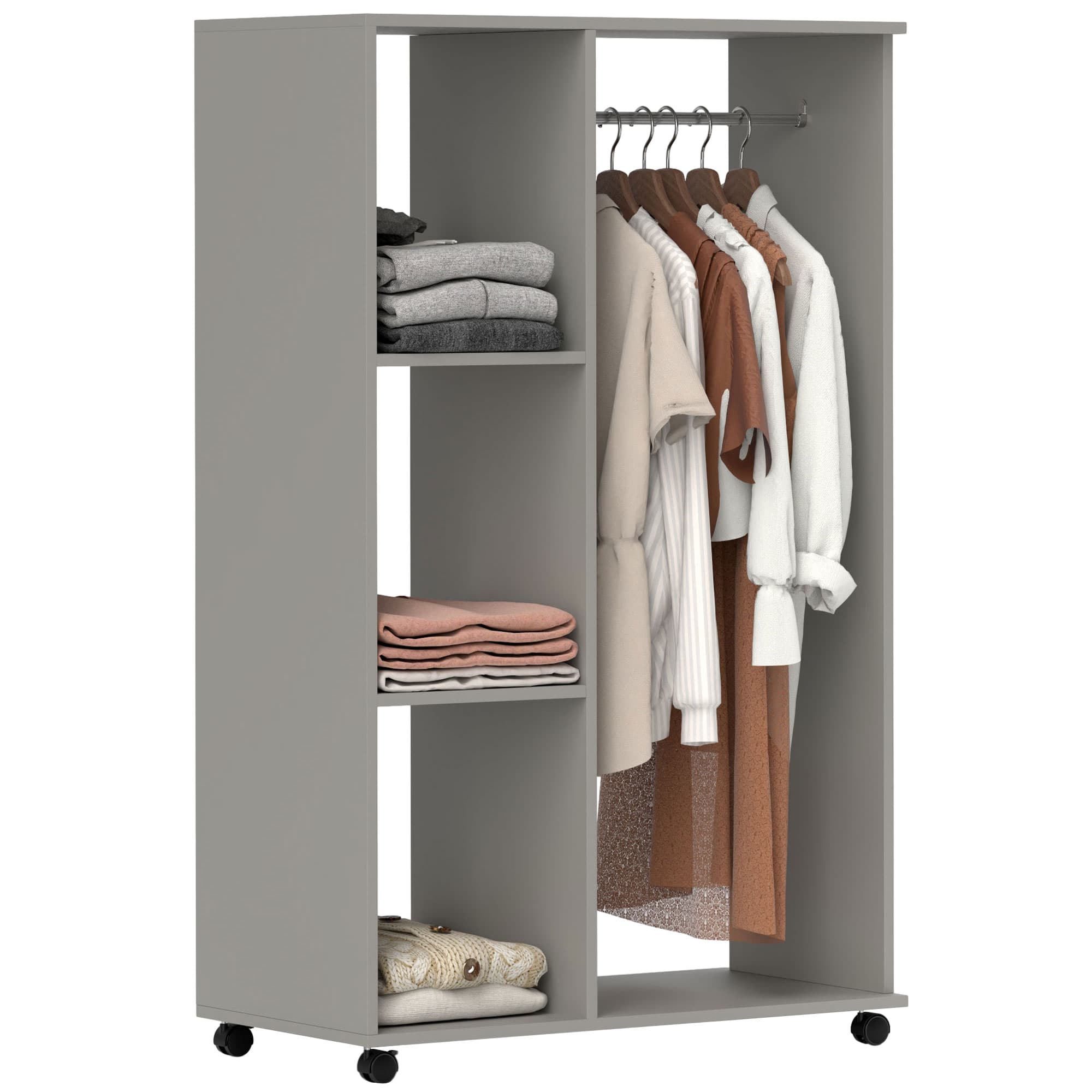 Mobile Open Wardrobe with Rail and 3 Shelves — Grey