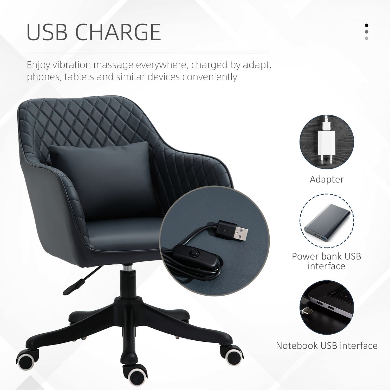 Deep Blue PU Leather Office Chair with USB Massage Pillow - image 3