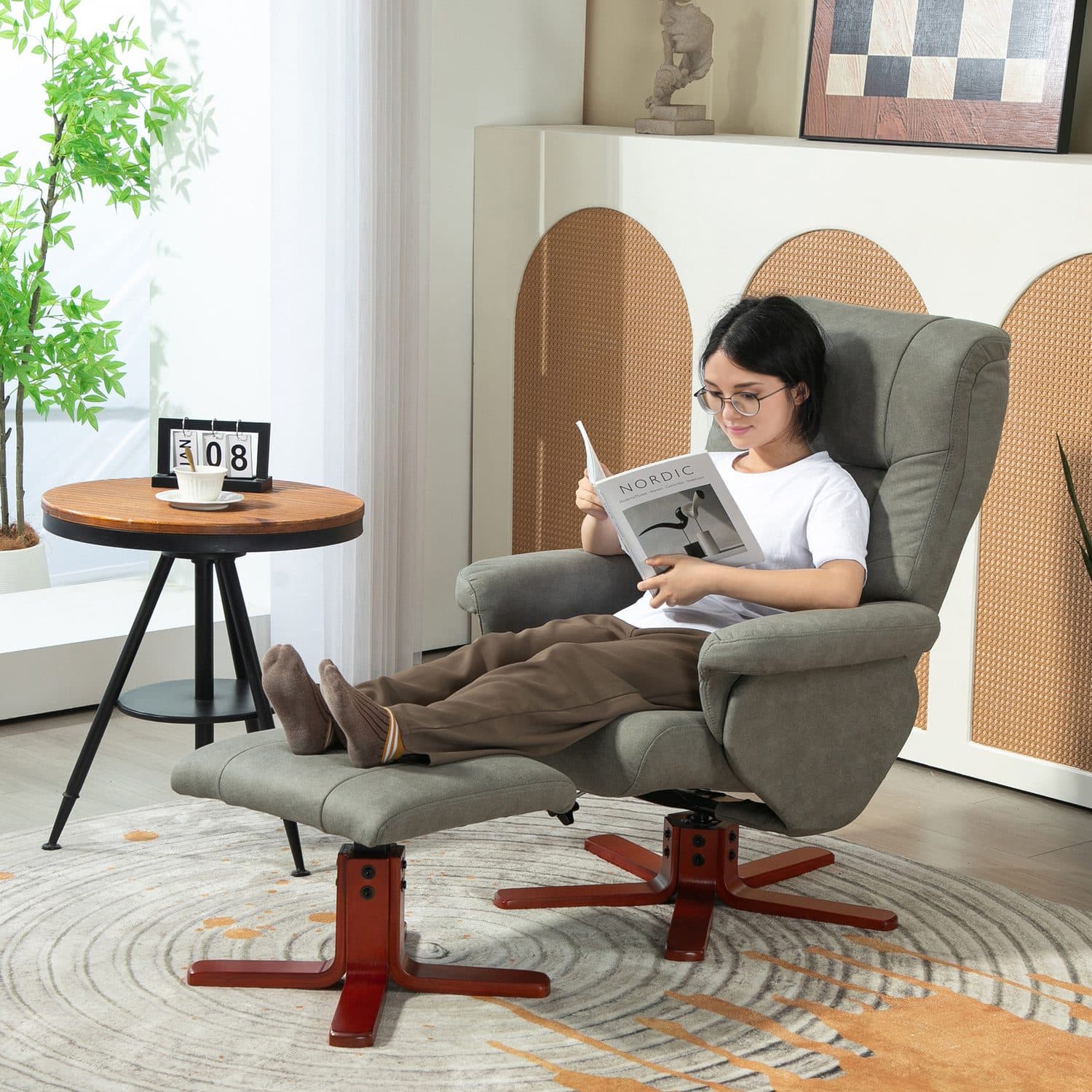 Manual Recliner Chair with Footstool in Grey Microfibre - image 5