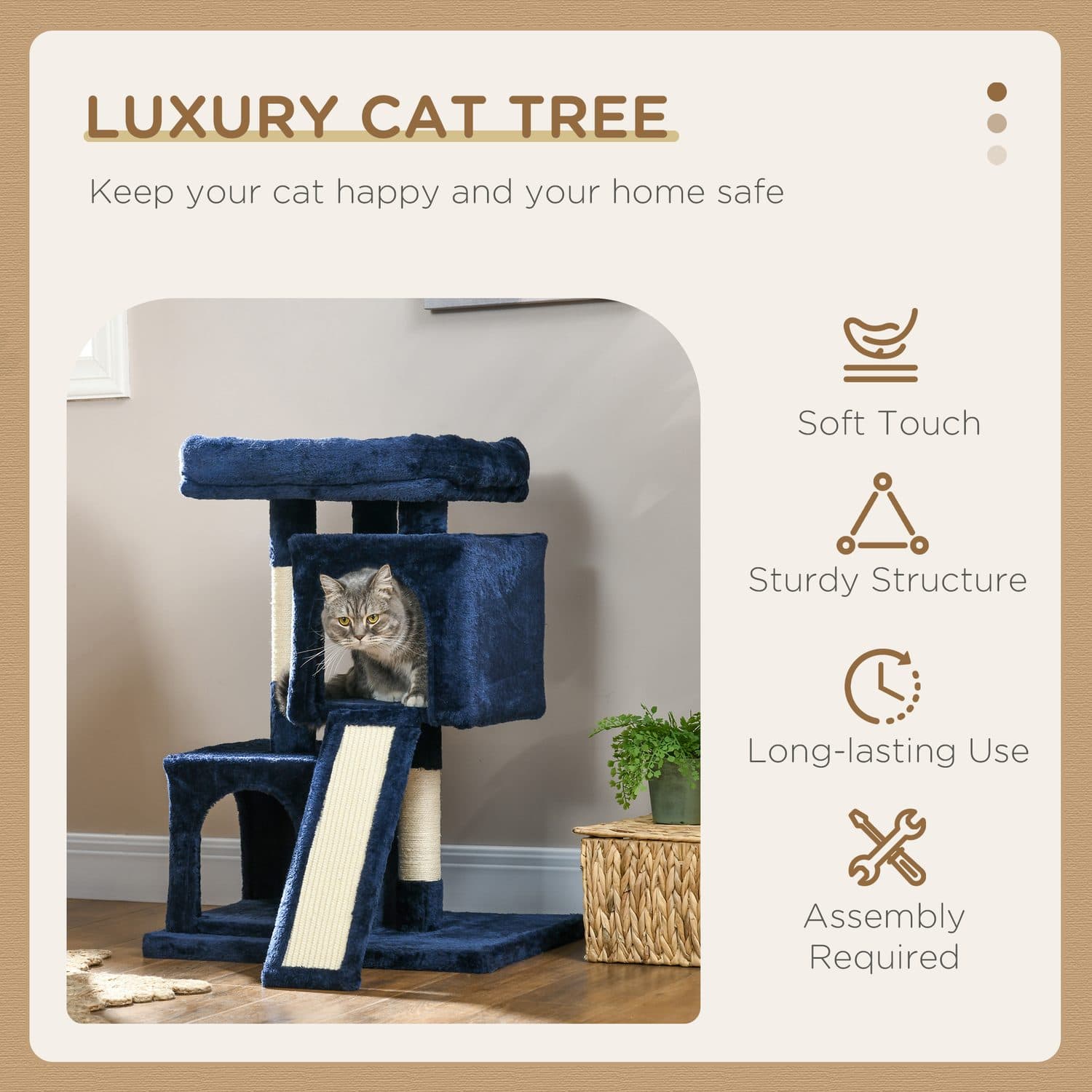 PawHut Sisal Cat Activity Tree, Navy Blue - image 3