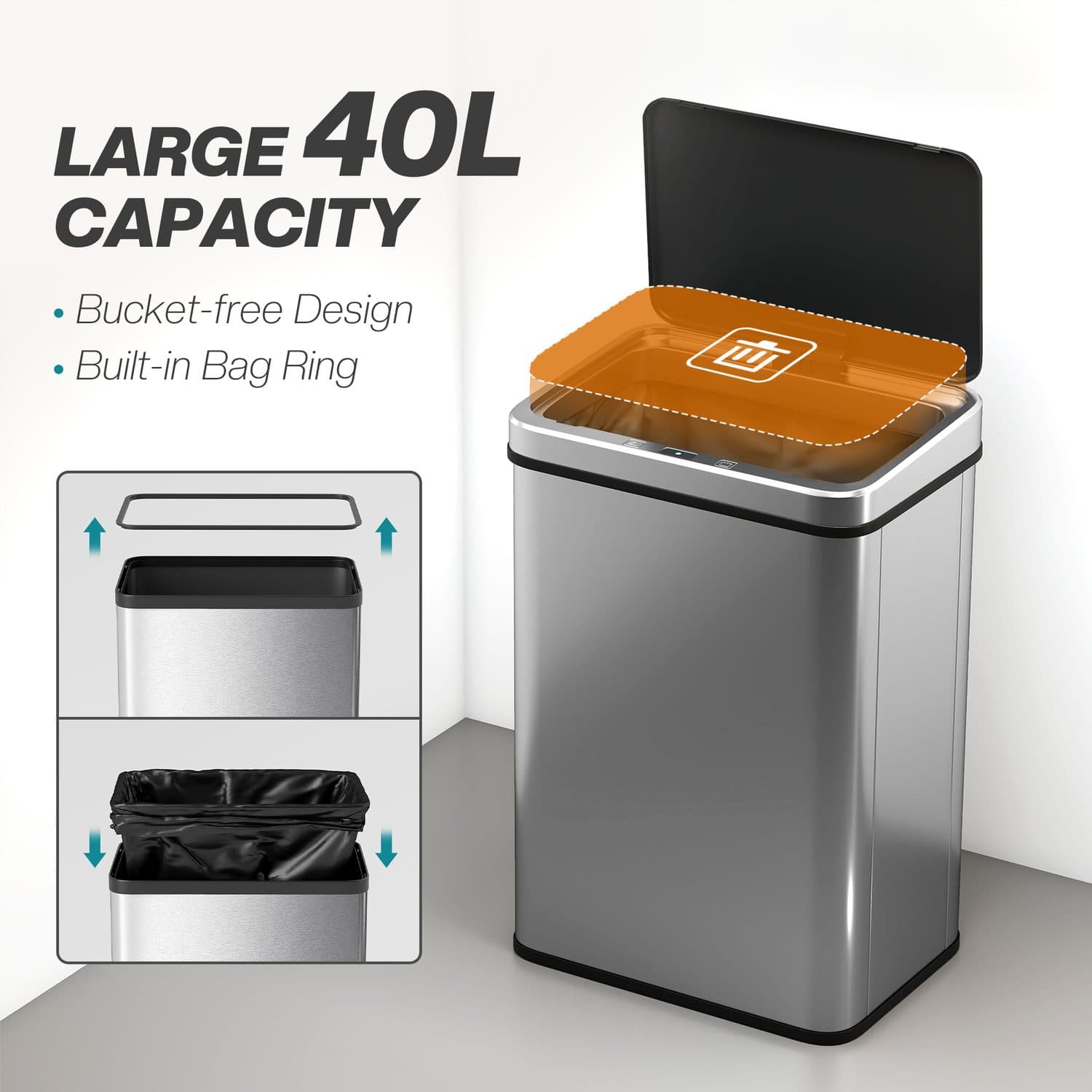 40L Silver Touchless Kitchen Sensor Bin - image 1