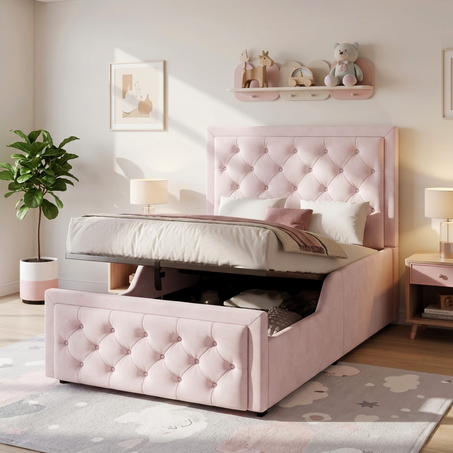 Pink Velvet Storage Bed - image 3