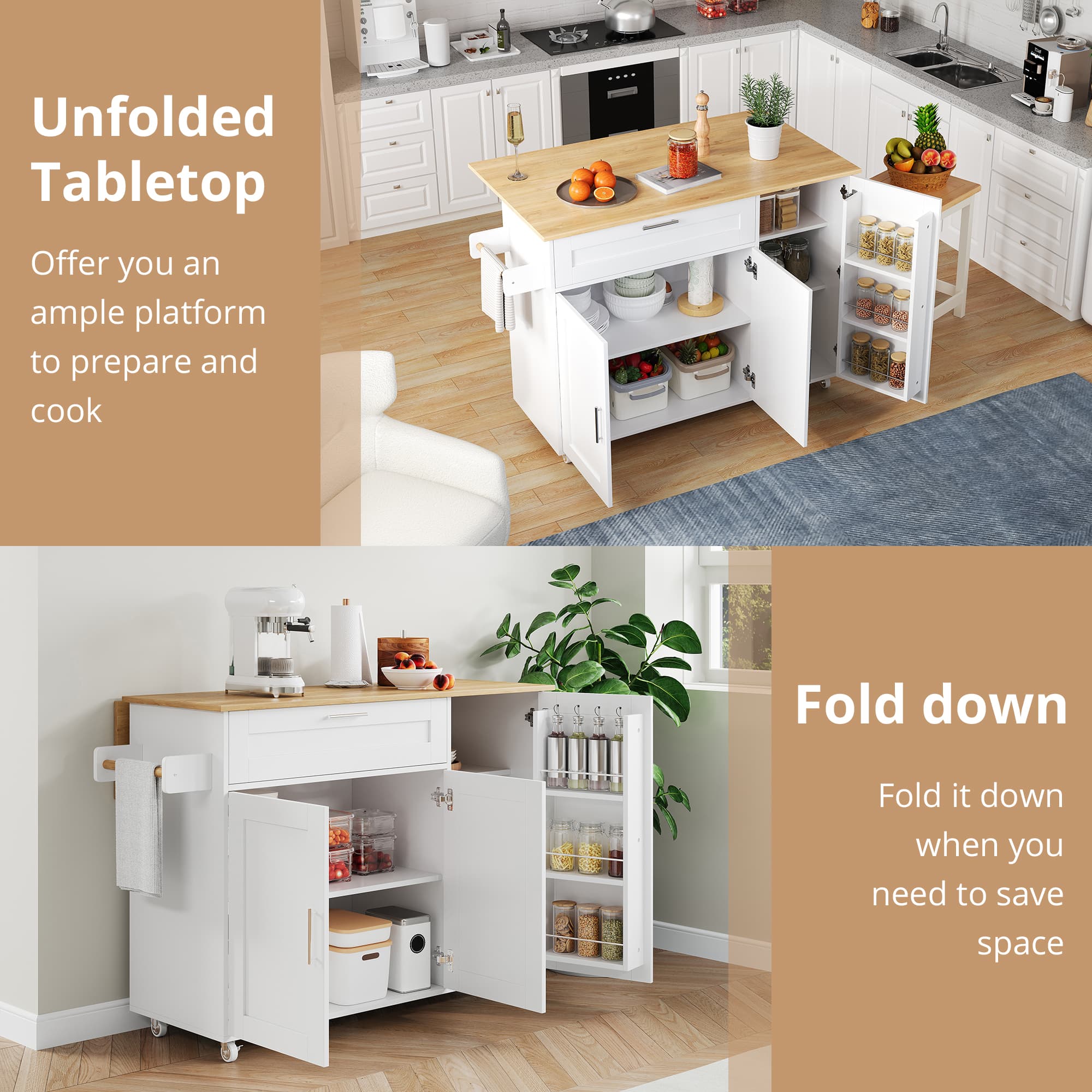 Rolling Kitchen Island Cart with Drop-Leaf Top & Storage - image 2