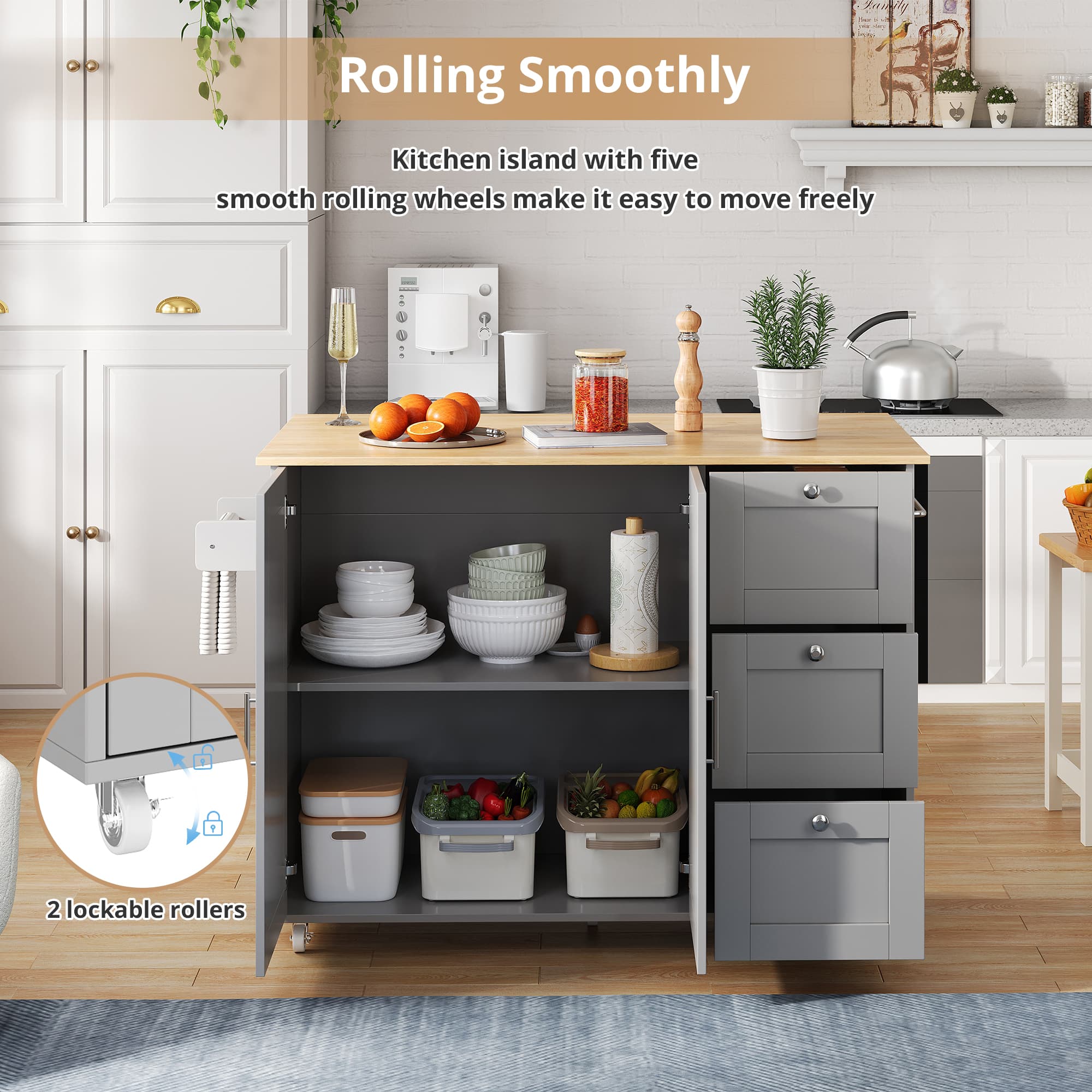 Grey Kitchen Island on Wheels with Drop-Leaf Top & Storage - image 5