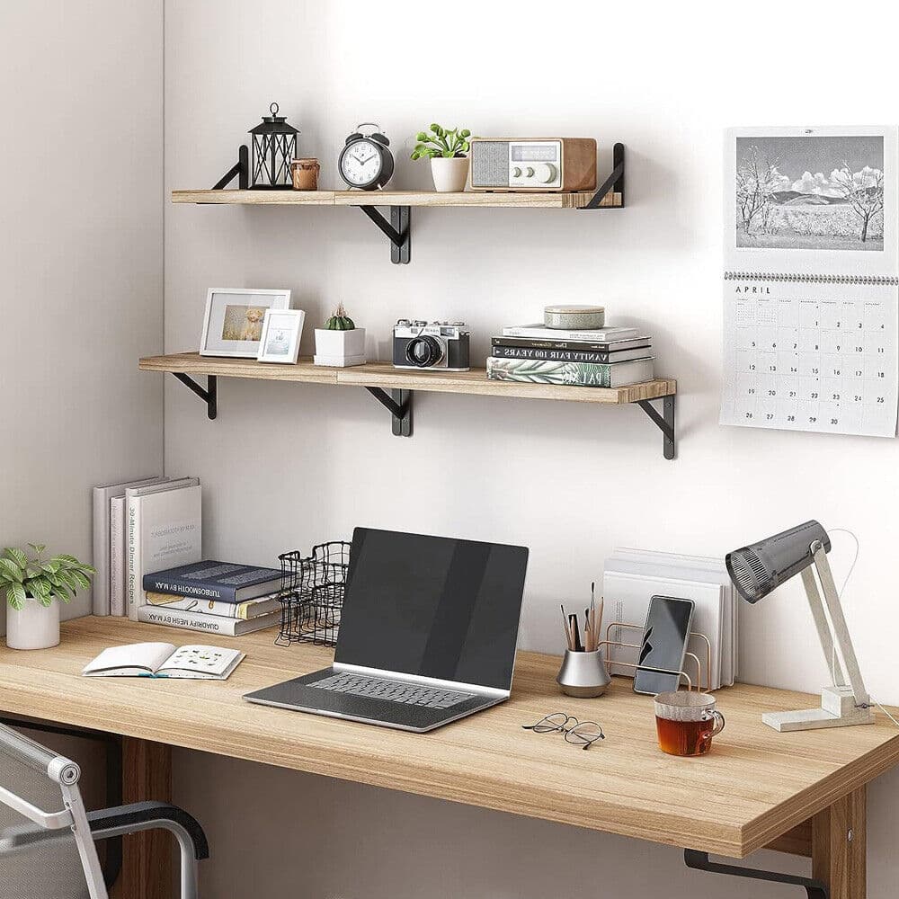 Four Wall-Mounted Floating Shelves with Black Metal Brackets - image 1