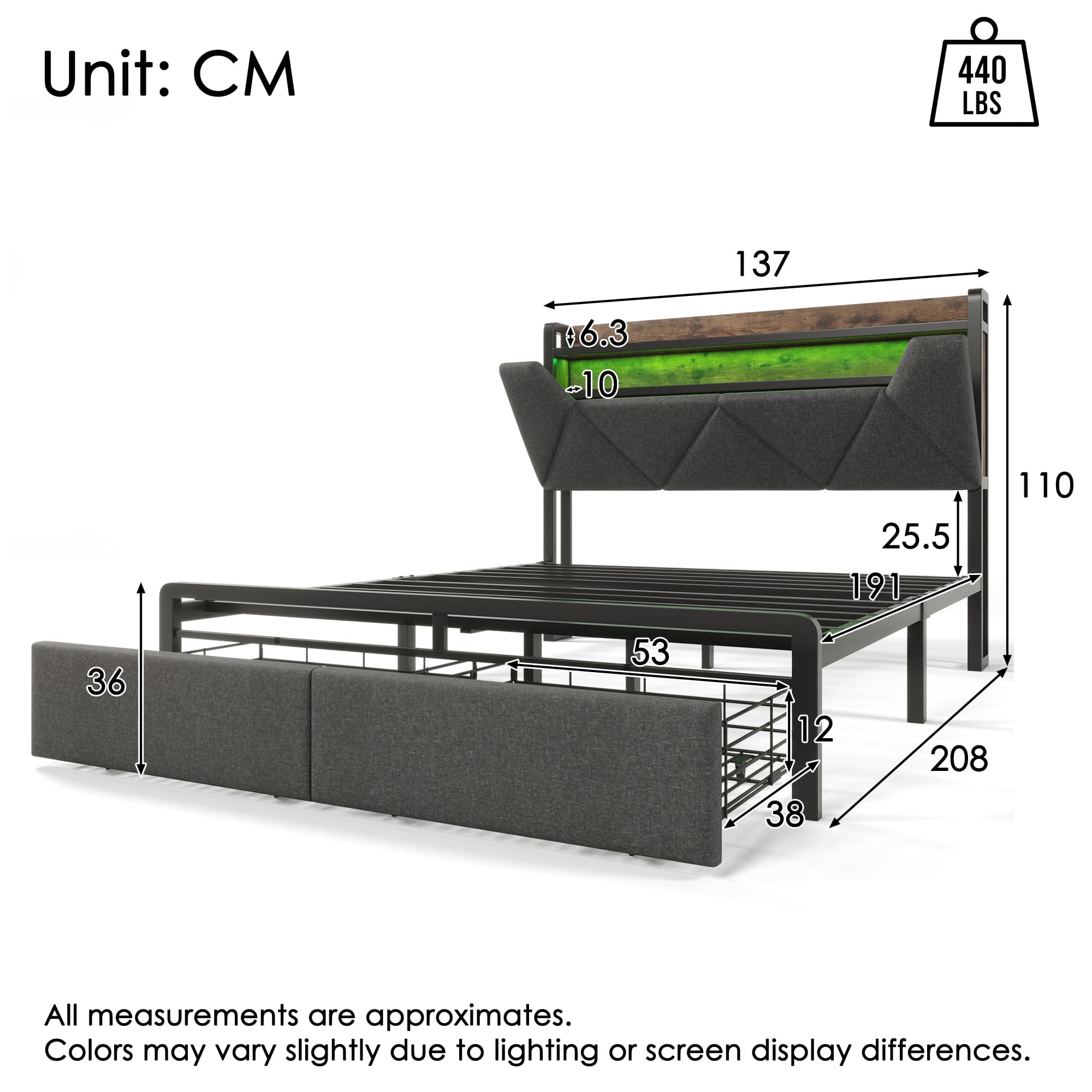 Grey linen double bed with built-in LED headboard storage compartment in a UK bedroom