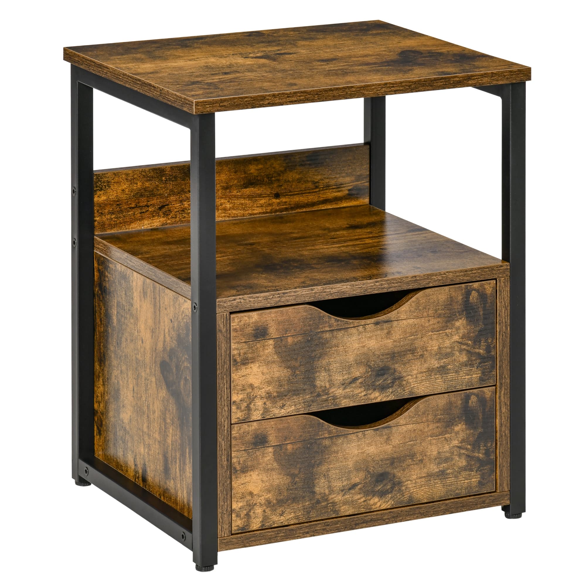 Industrial side table with drawers and open shelf