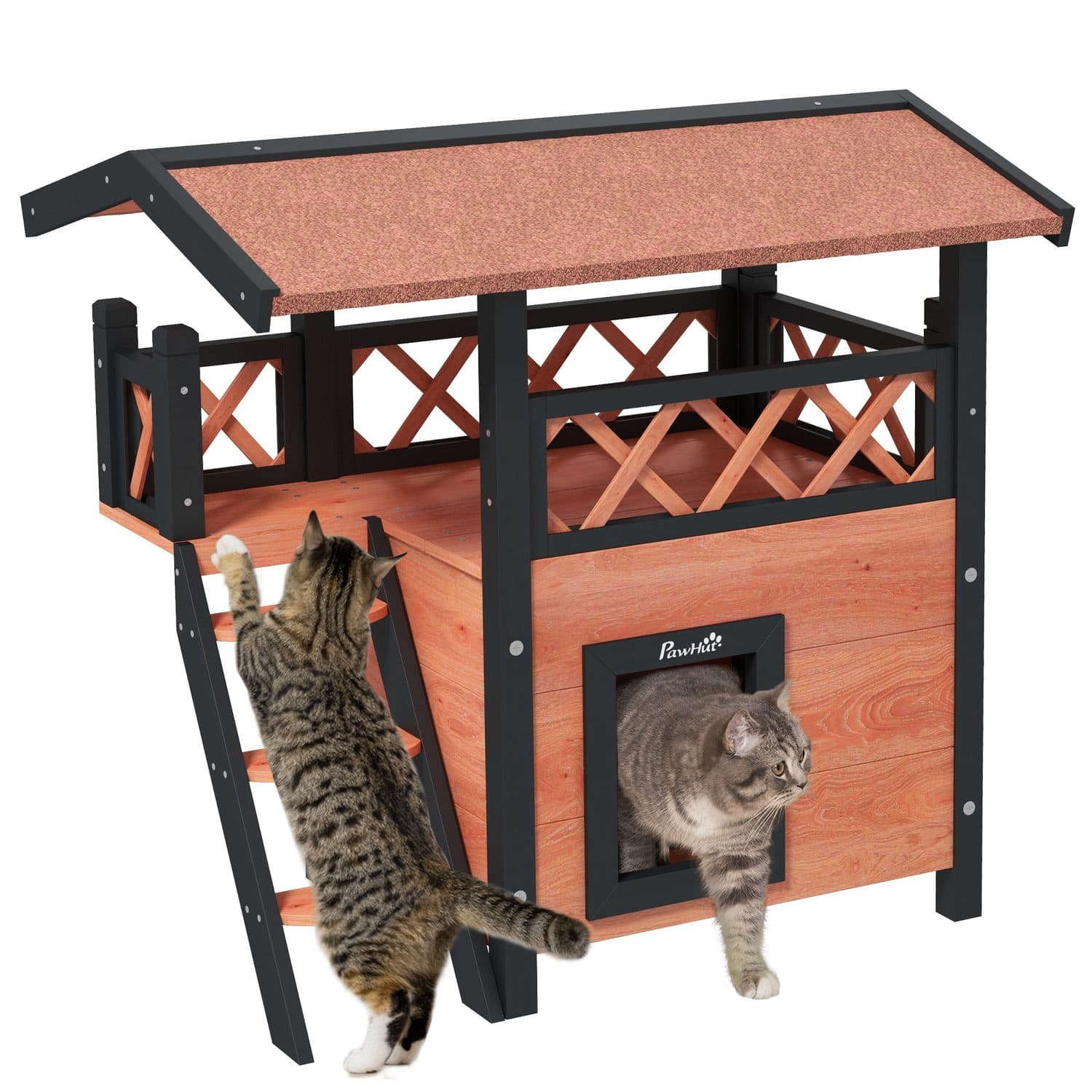 PawHut Outdoor Cat House with Balcony, Stairs and Shelter Roof