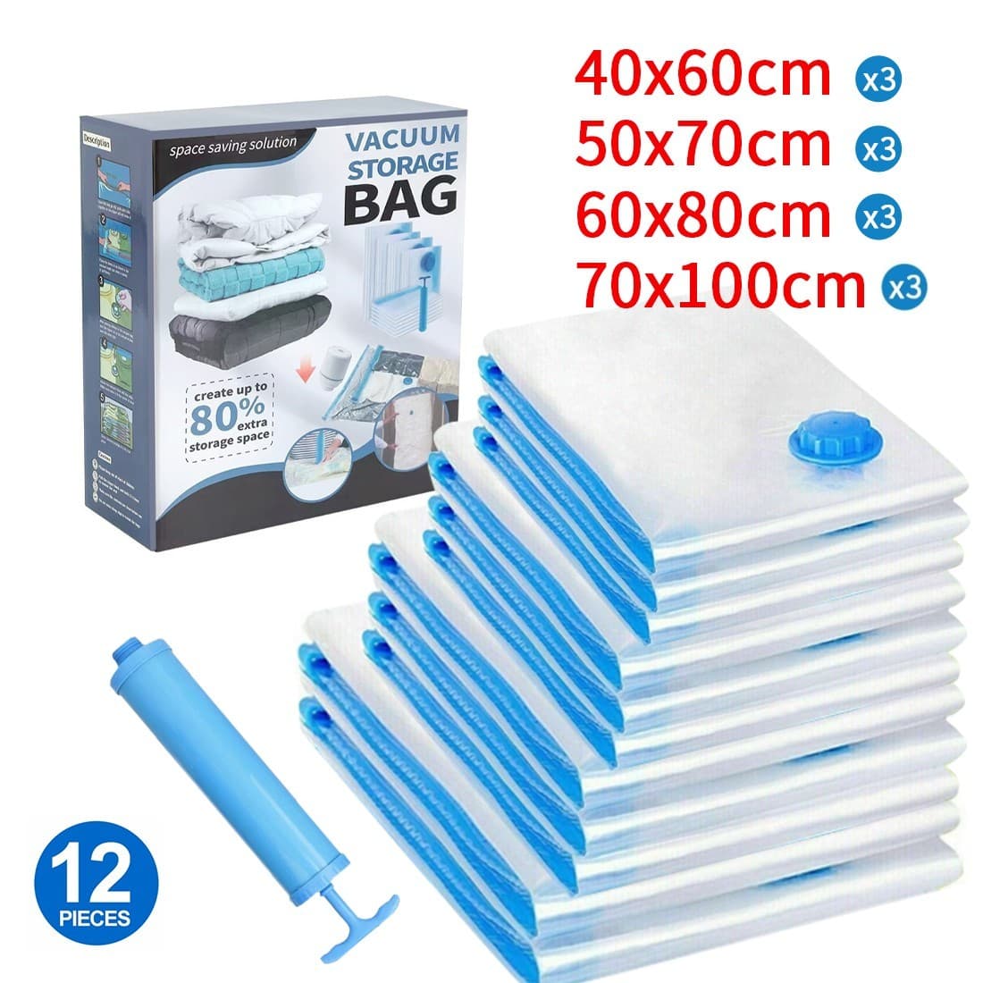 Set of 12 Vacuum Storage Bags in Four Sizes, Hand Pump Included - Default