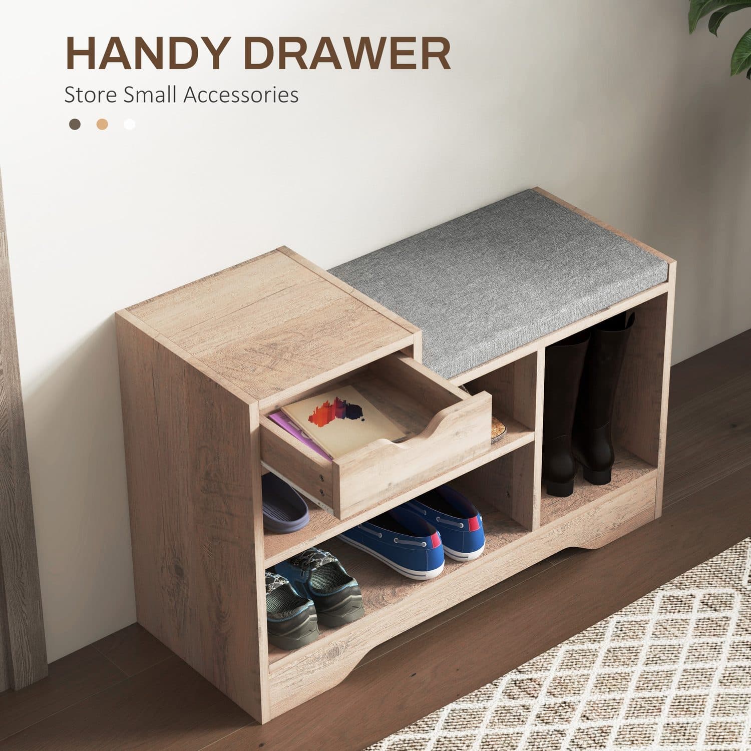 Shoe Bench With Padded Seat, Open Shelves and Pull-Out Drawer - image 1