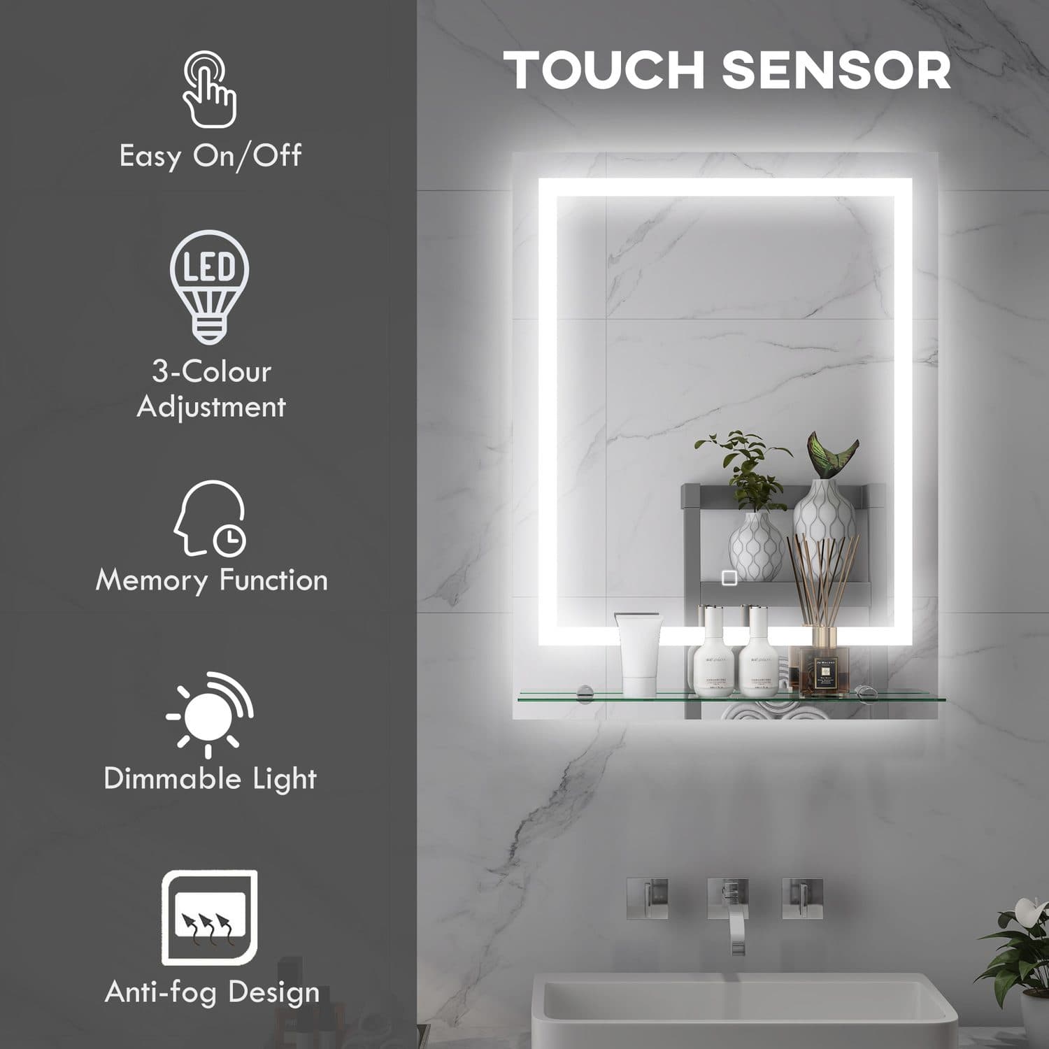 Smart Touch Illuminated Bathroom Mirror with Anti-Fog - image 1