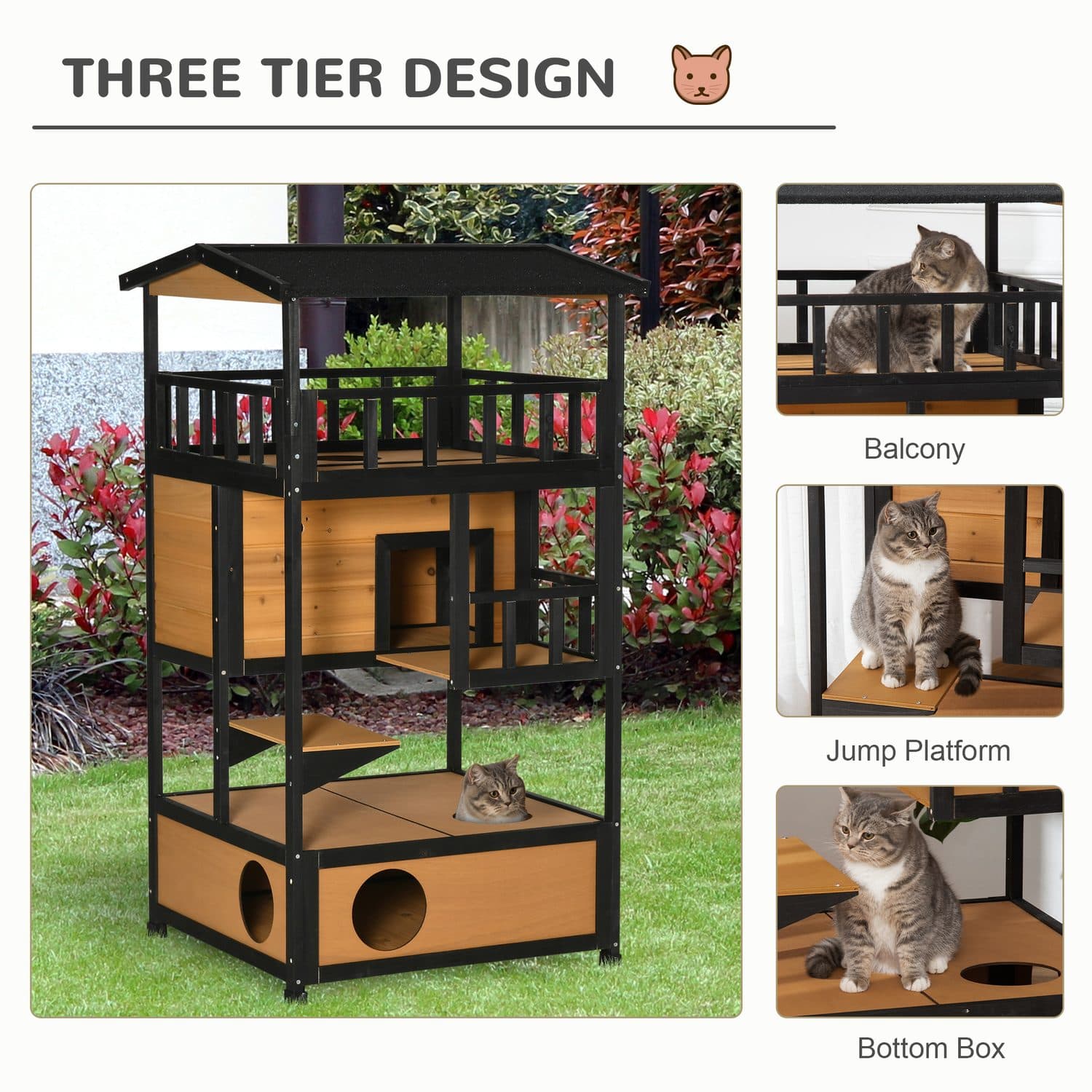 PawHut 3-Tier Wooden Outdoor Cat House with Terrace and Jump Step - image 2