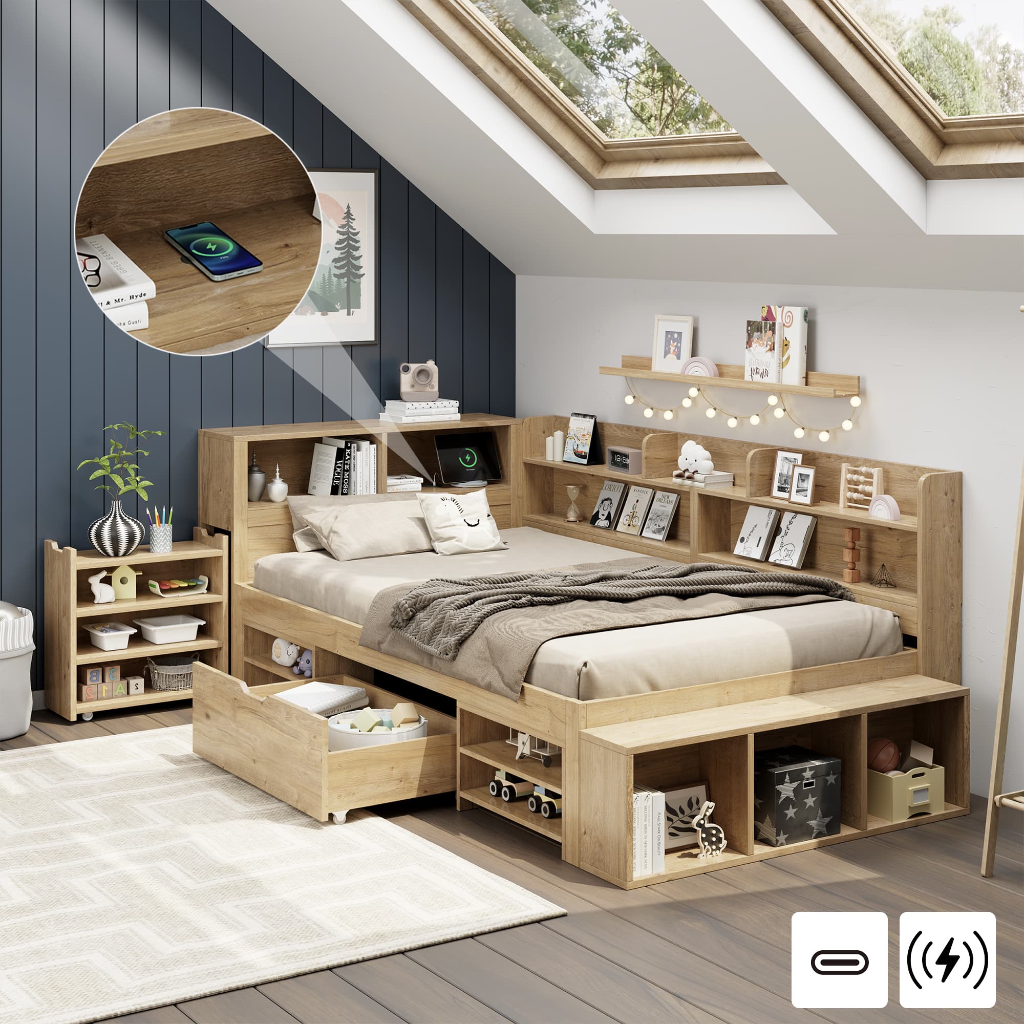 Children's Single Bed with Drawers, Bookcase and Storage Cupboard