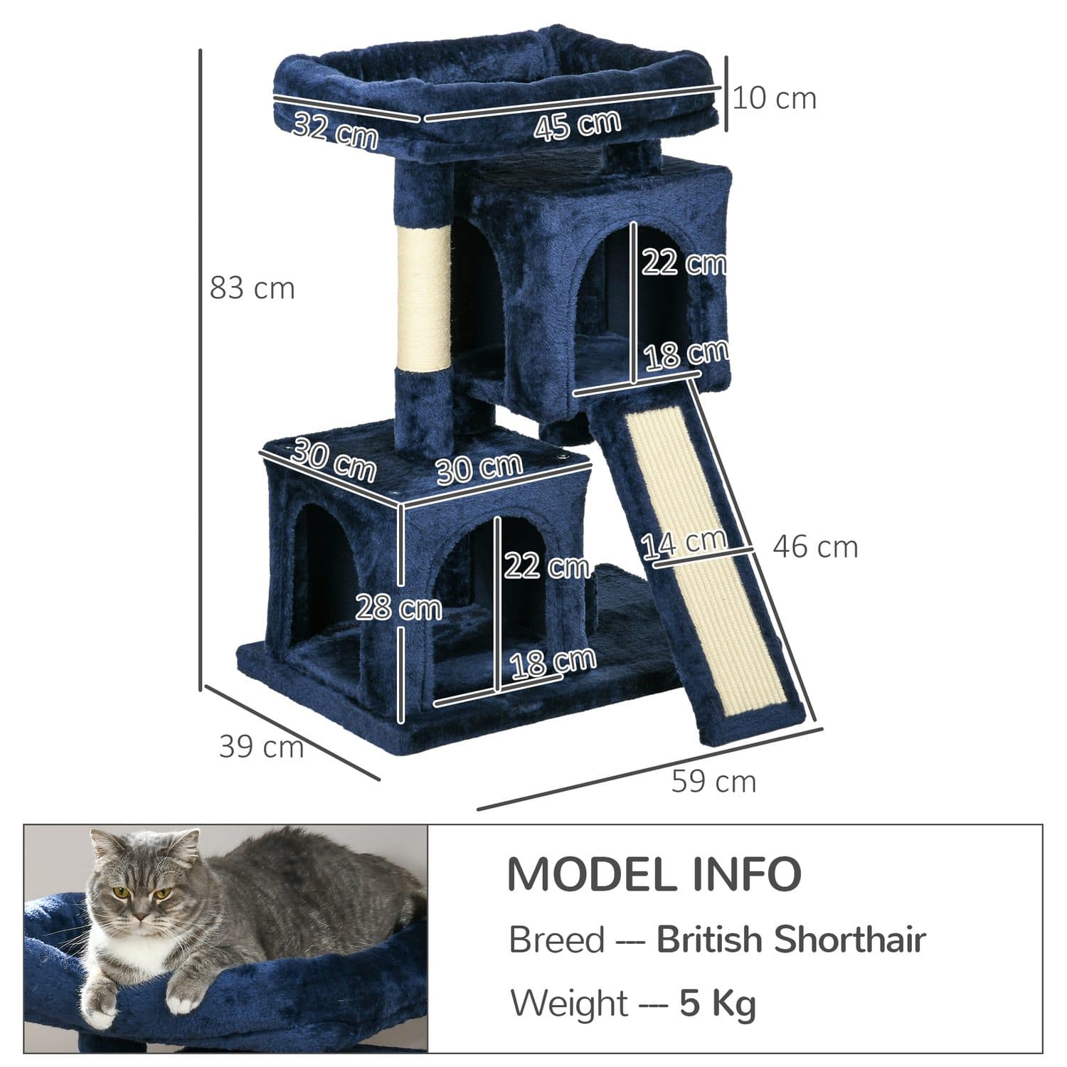 PawHut Sisal Cat Activity Tree, Navy Blue - image 2