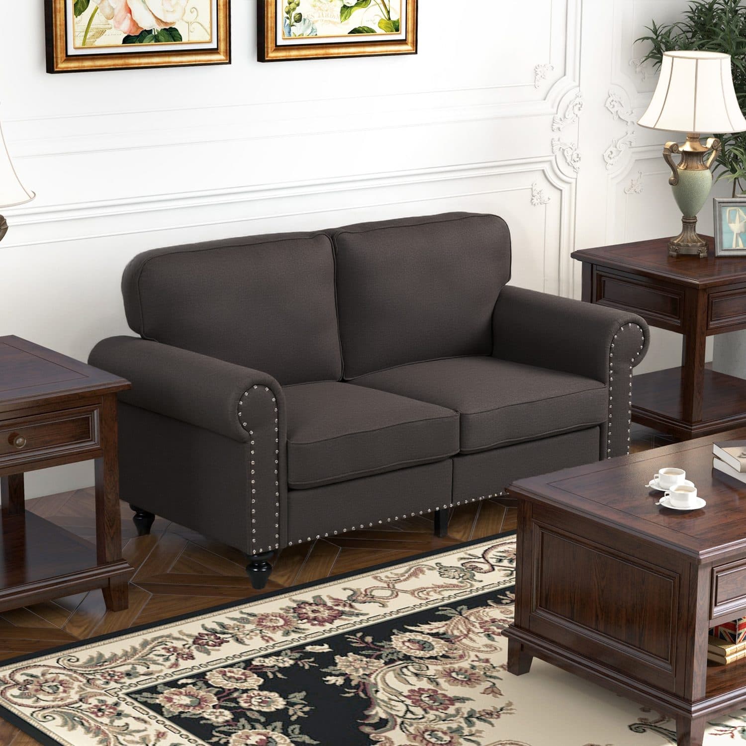 A Classic Two-Seater Loveseat with Rolled Arms and Nailhead Trim - image 2