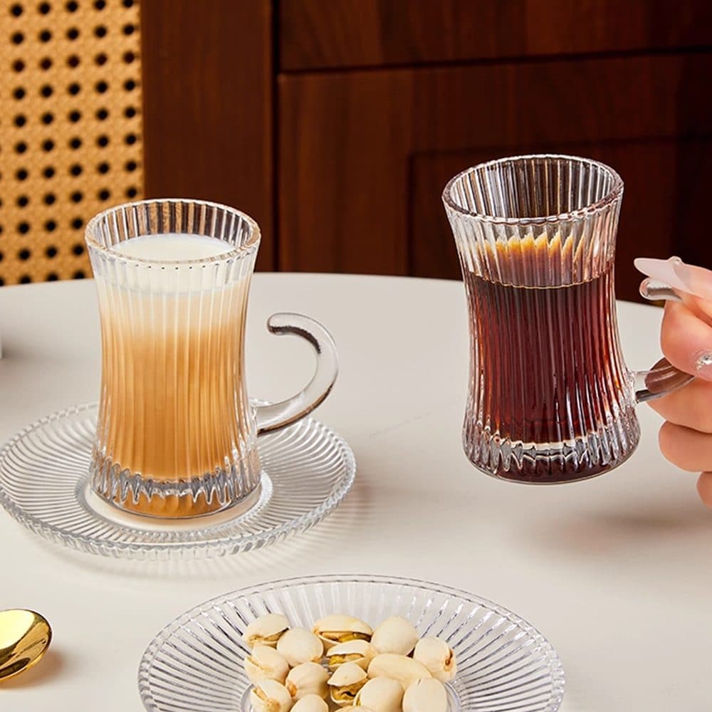 Set of 6 Ribbed Glass Tea Cups with Handles and Saucers - image 7