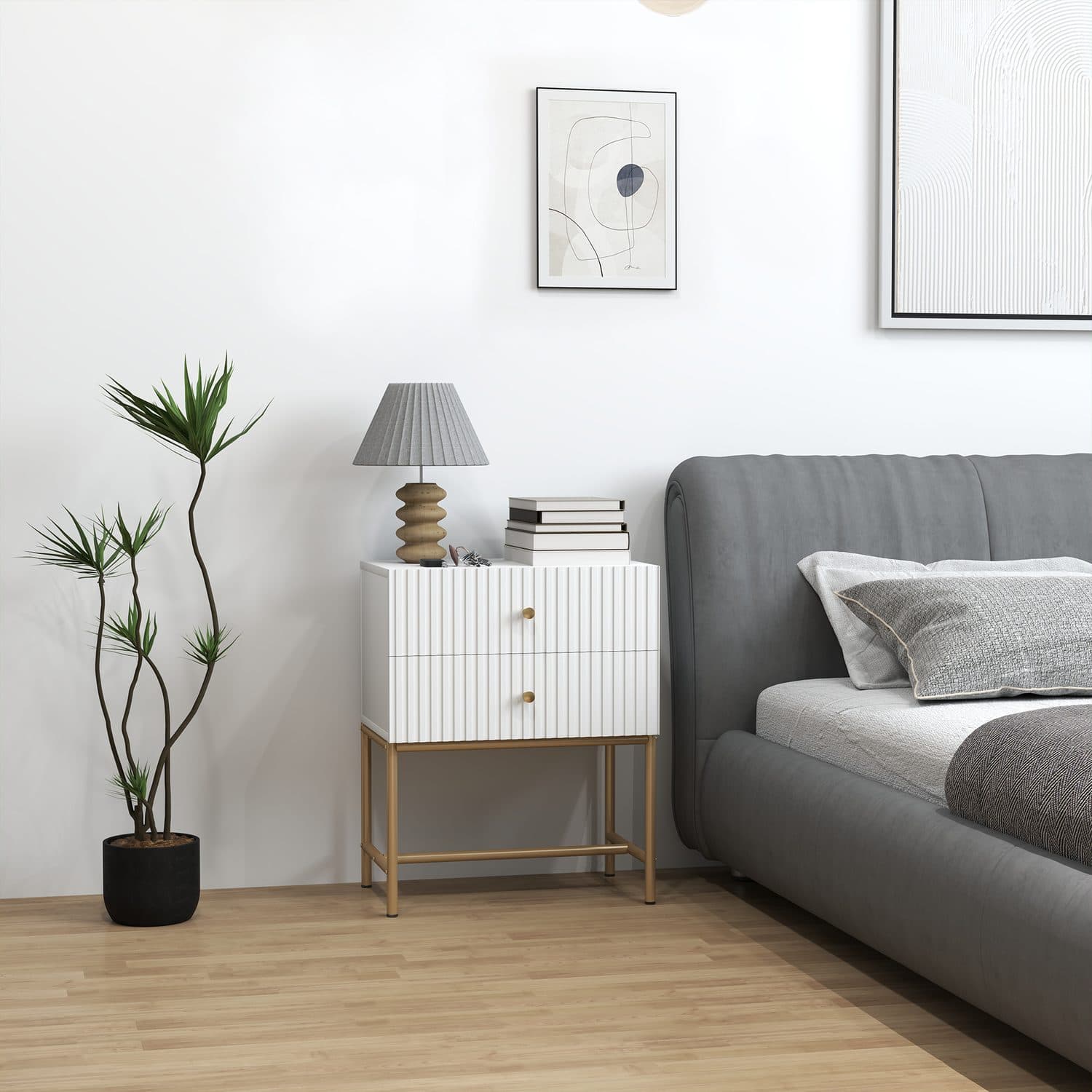 White Bedside Table – Fluted Drawers and Brass-Tone Frame - image 2