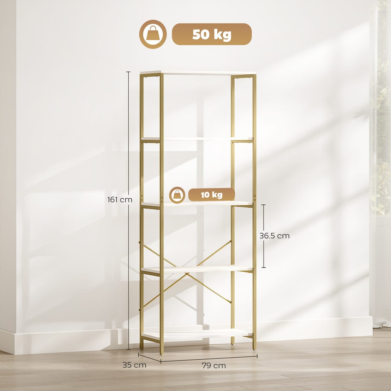 Modern White & Gold 5-Tier Bookshelf for Effortless Storage - image 2