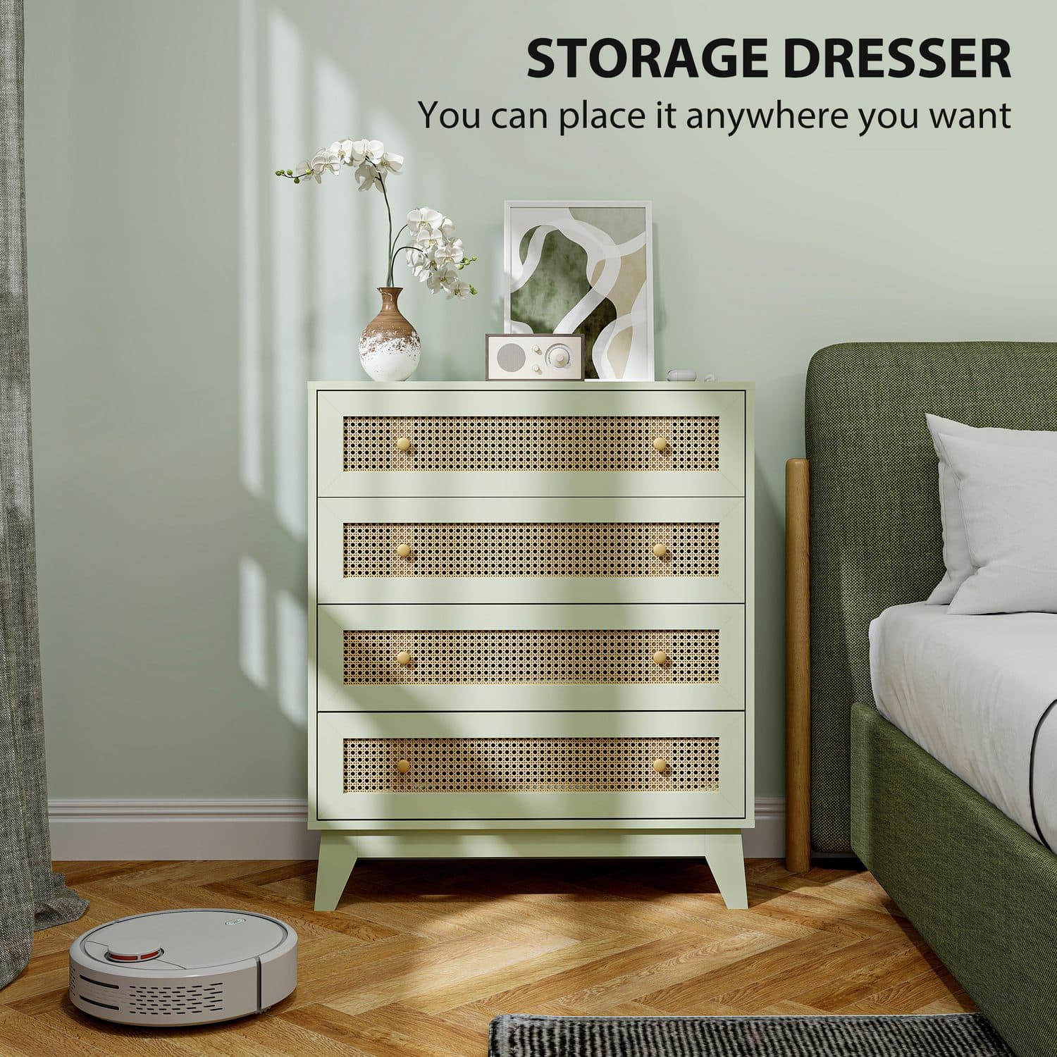Light Green 4-Drawer Rattan Chest - image 3